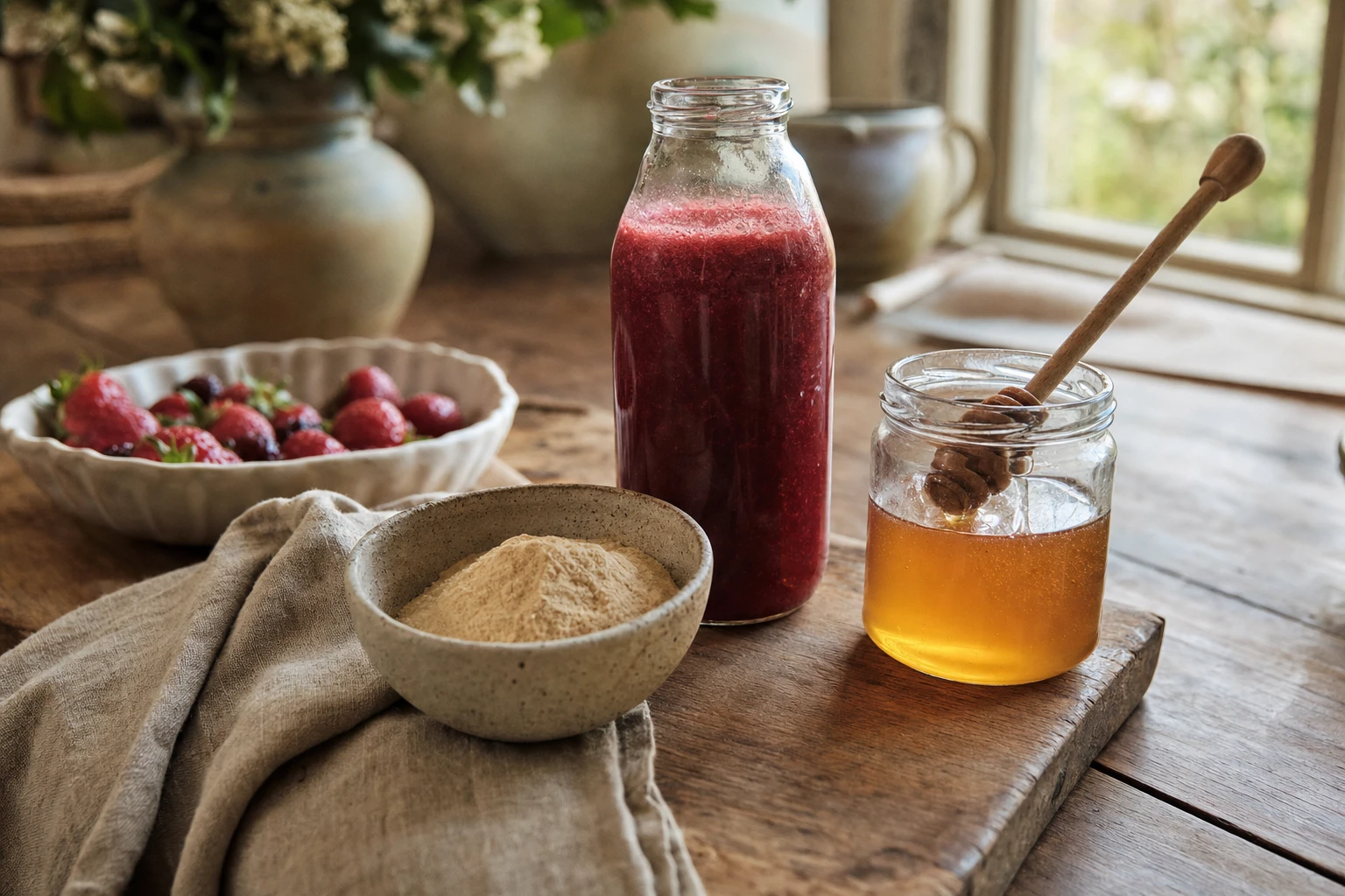 Grass-fed gelatine powder next to a bottle of fresh juice and a jar of raw honey