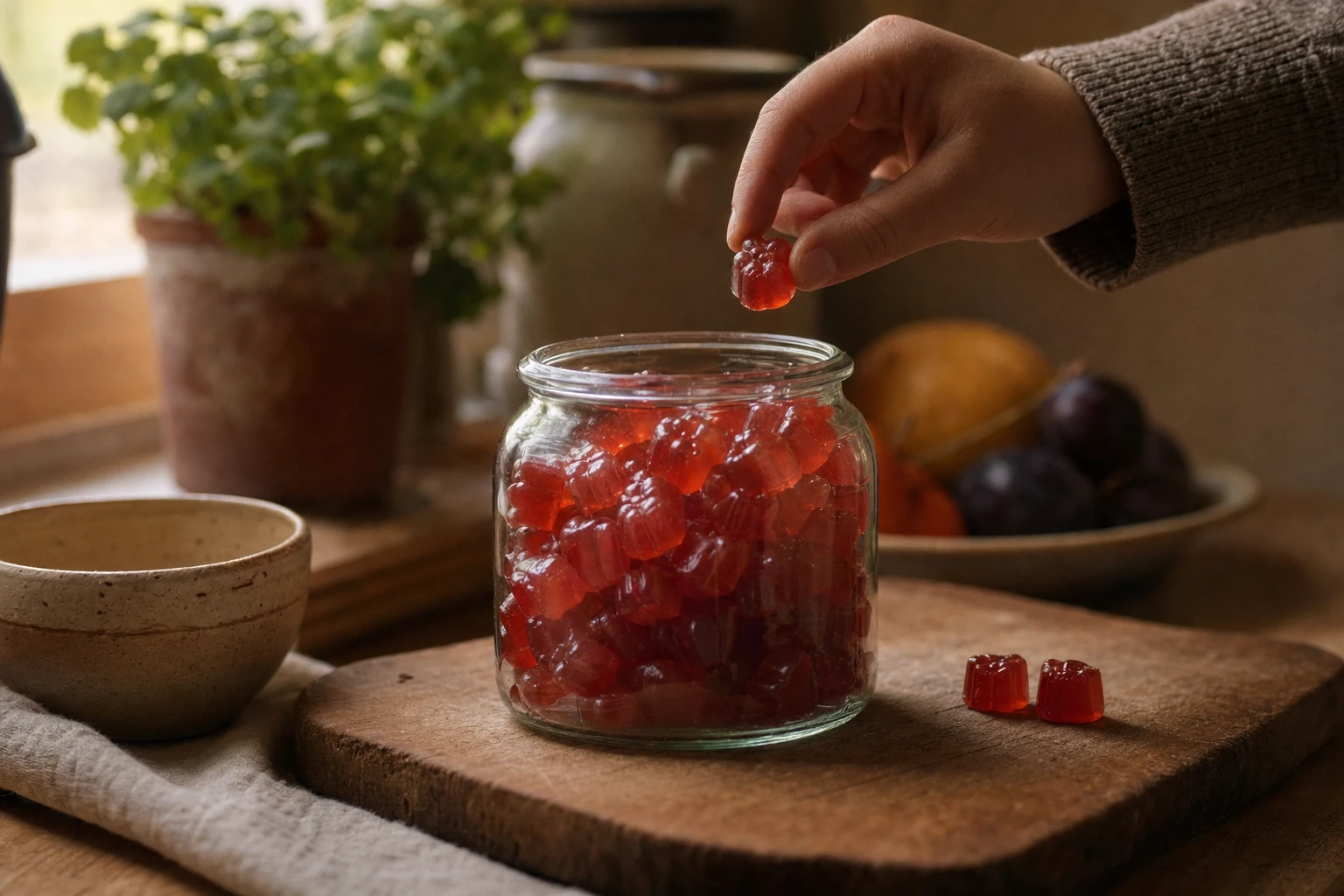 Finished gummies in a glass jar, clearly showing translucent colour