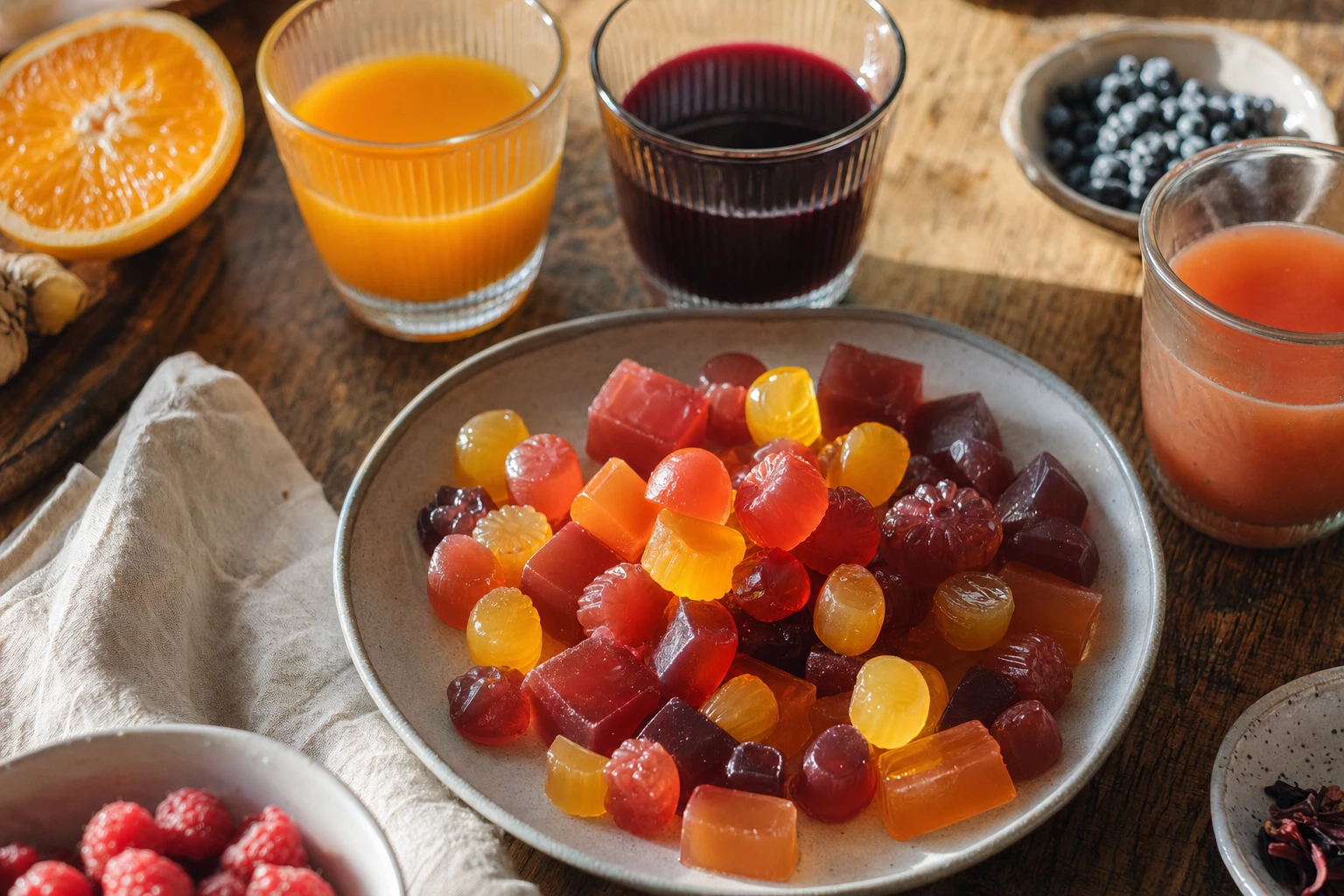 Assorted gummies in different colours from various juice combinations