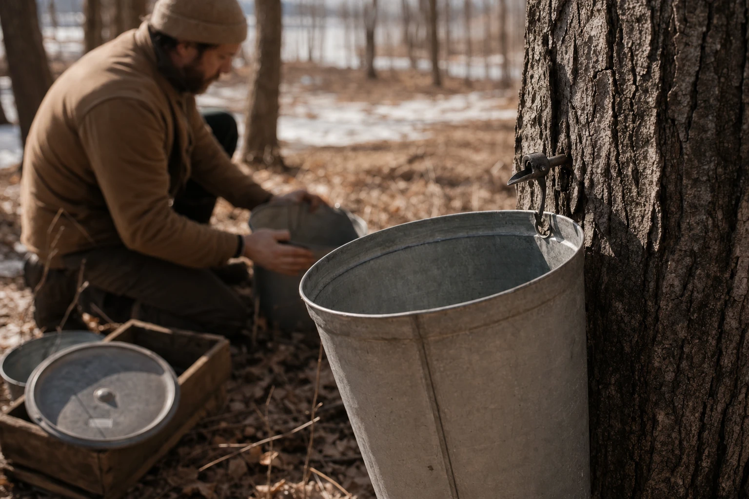 Maple leaves with syrup collection process
