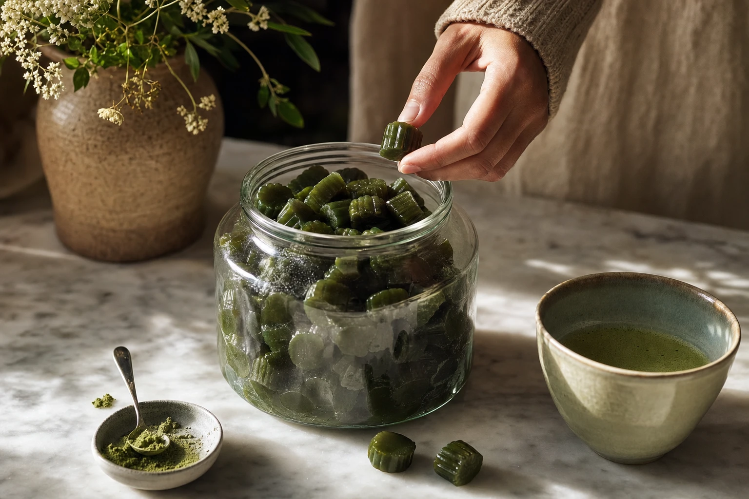 Matcha gummies in a clear glass jar, jewel-toned and glossy, catching afternoon light