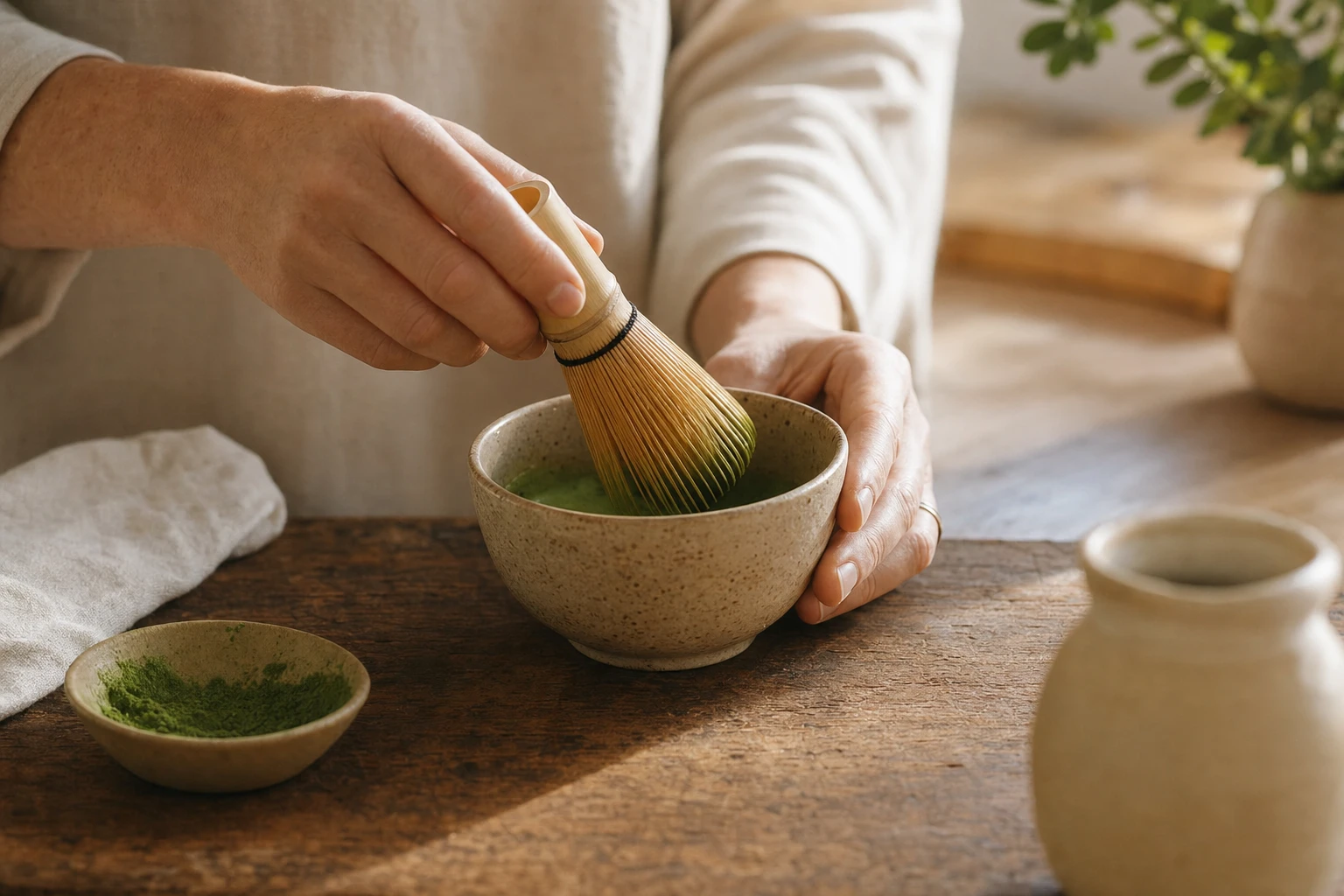Matcha powder being whisked in a small bowl with a traditional bamboo whisk