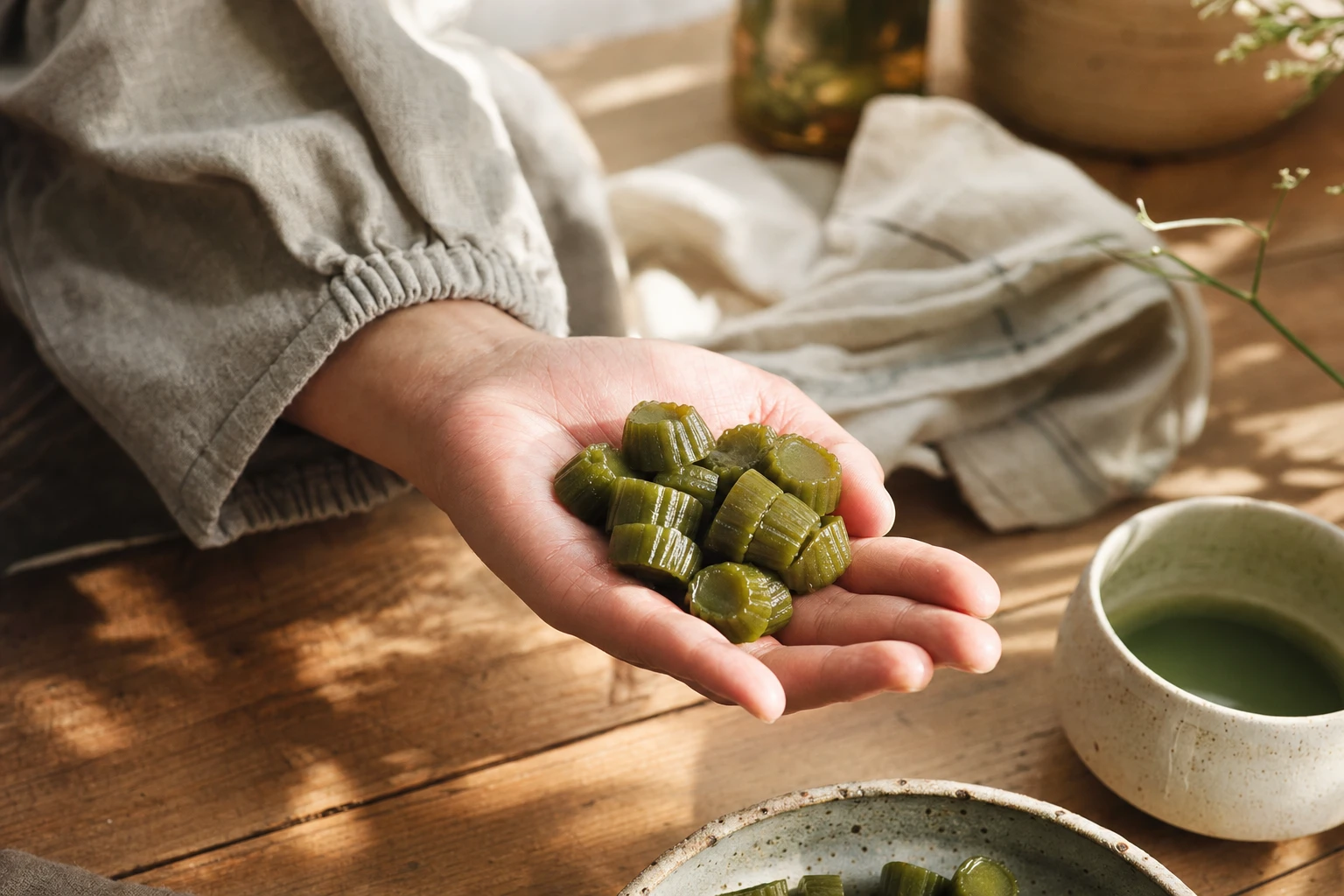 A handful of finished matcha gummies, stacked casually in someone's palm