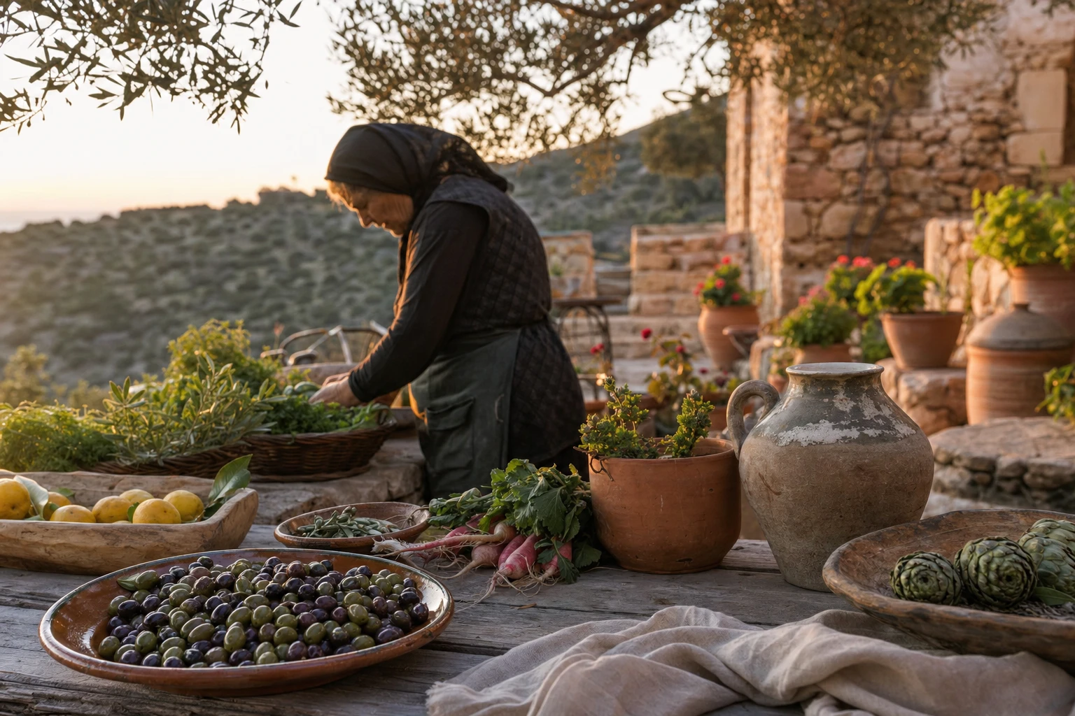 Rustic Mediterranean scene with olive trees, fresh produce, and traditional pottery