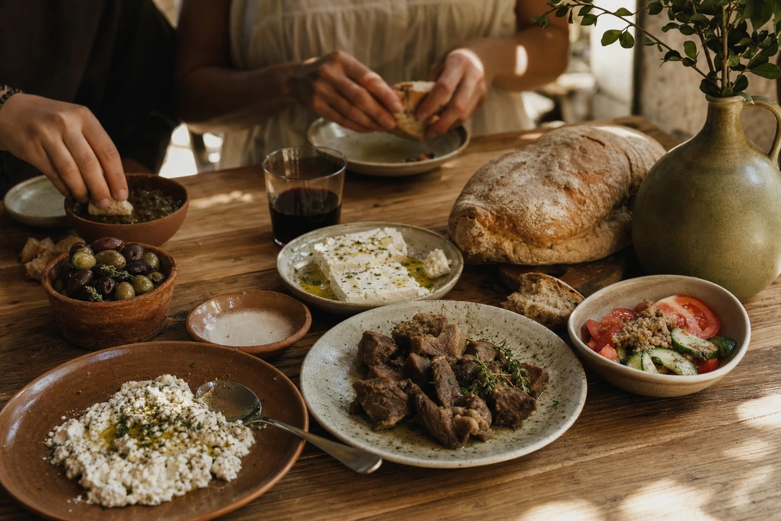 Traditional Cretan meal with bread, cheese, olives, and small portions of meat