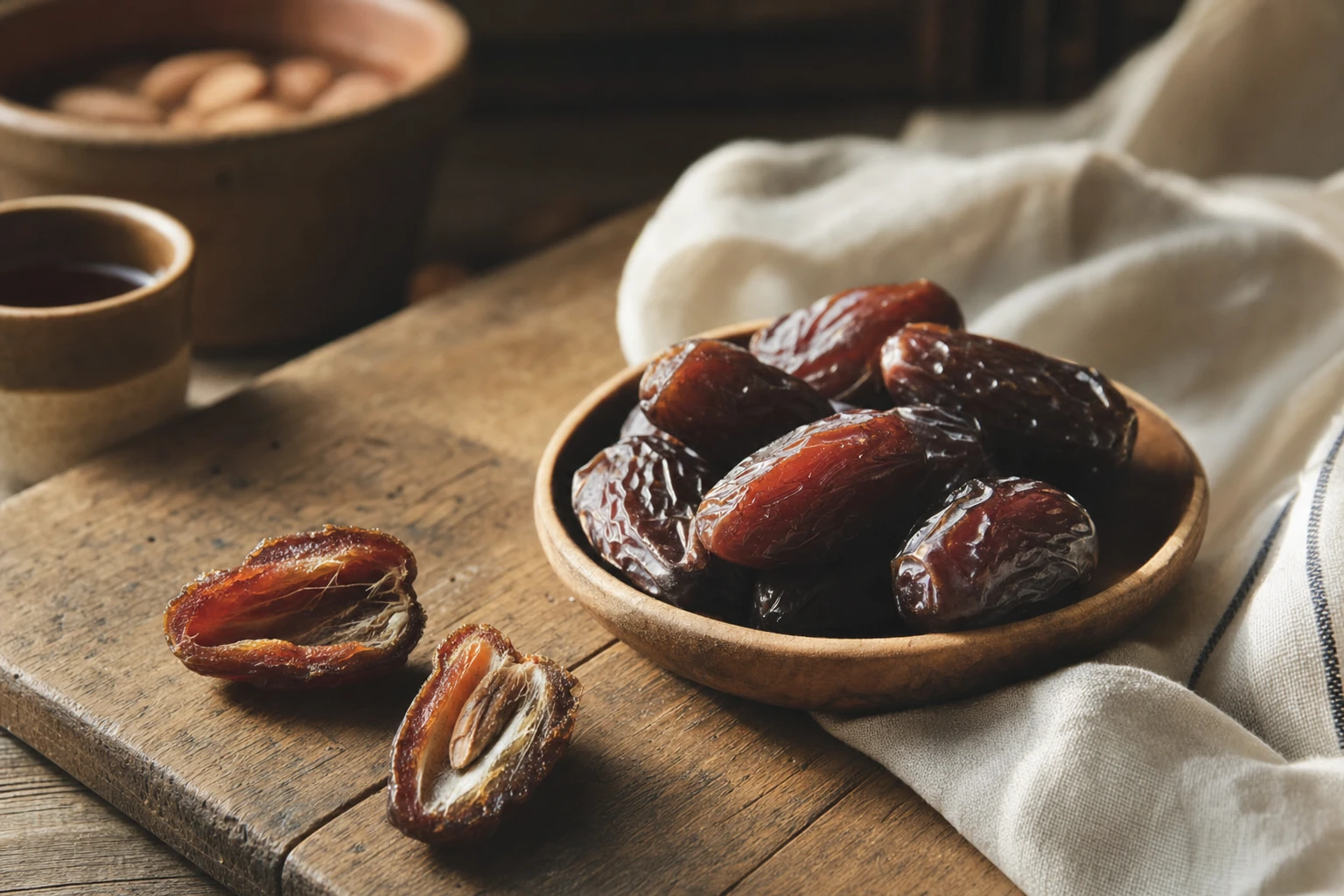 Medjool dates on wooden surface with cross-section