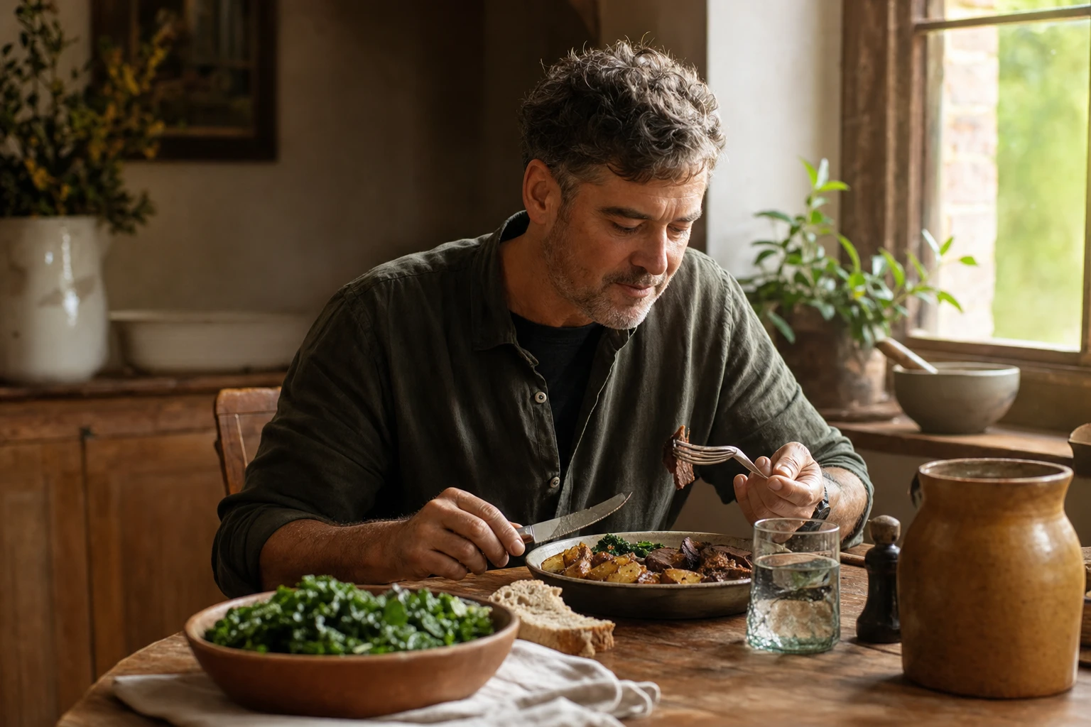A middle-aged man eating a substantial meal at a table, confident and healthy