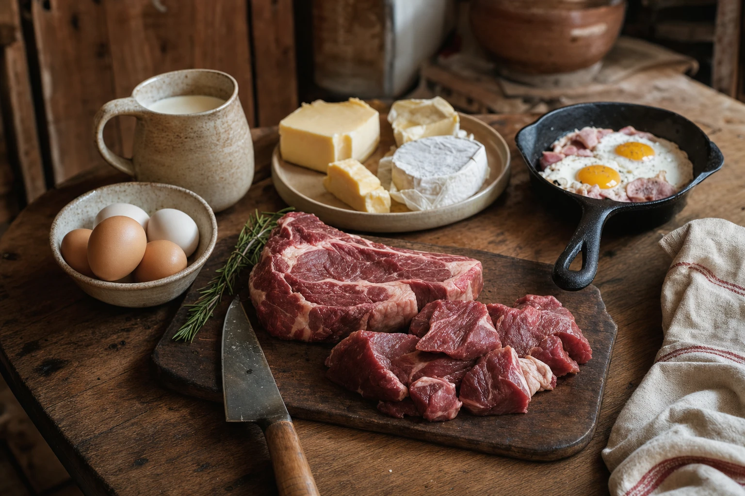 A plate of grass-fed beef, full-fat dairy, eggs, rich and nourishing