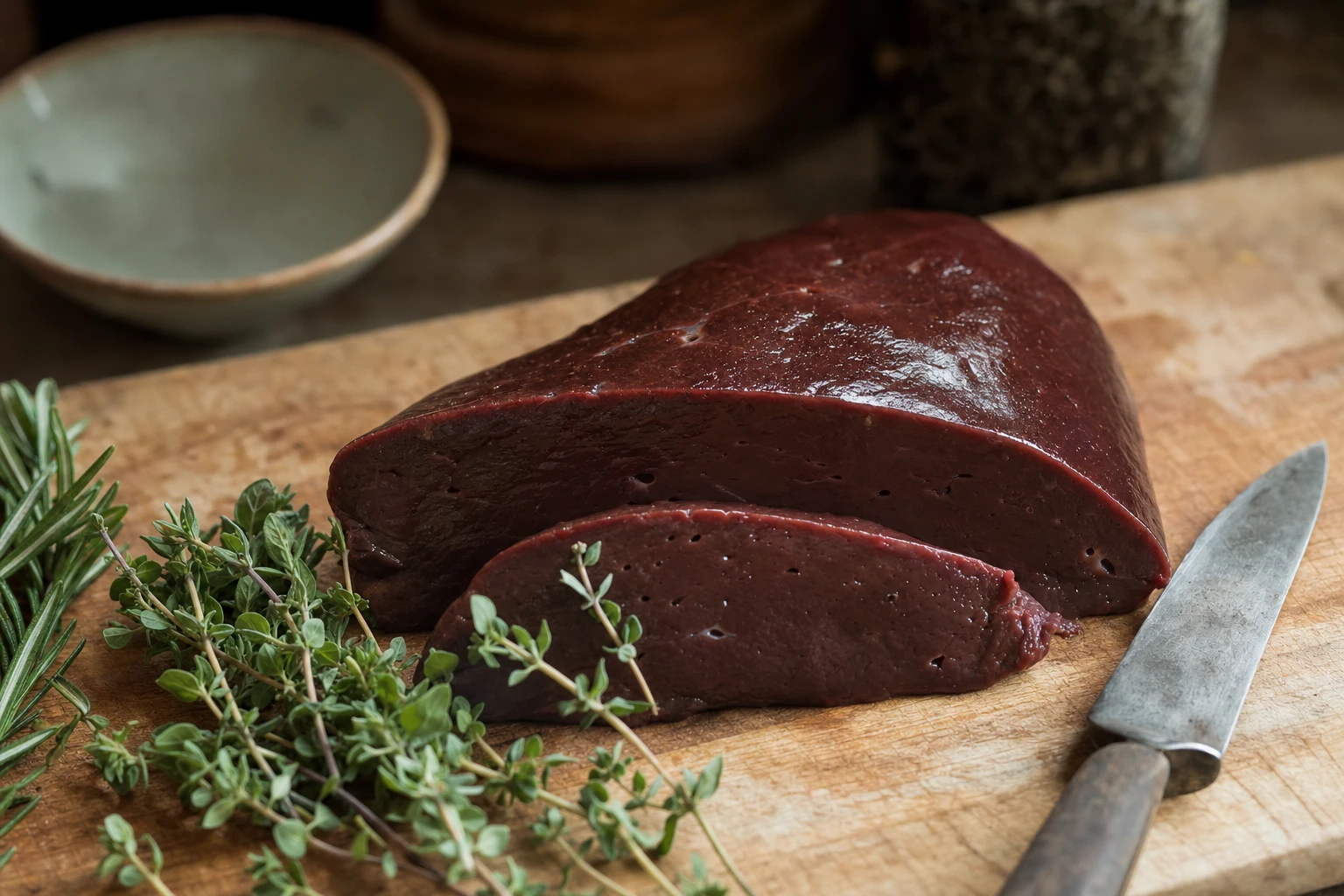 A cross-section of liver on a cutting board, with fresh herbs