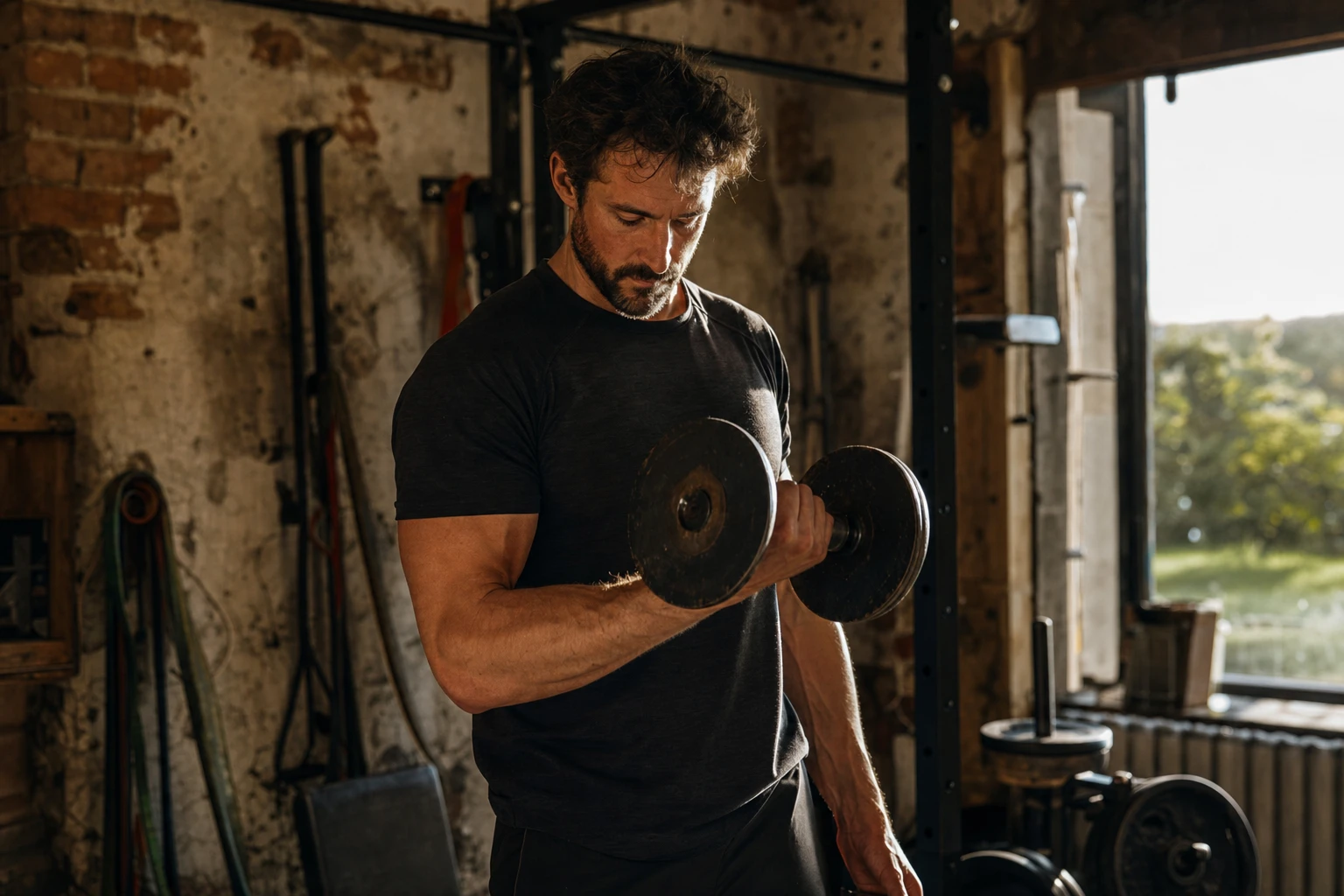 A man lifting weights or doing strength training, powerful and focused