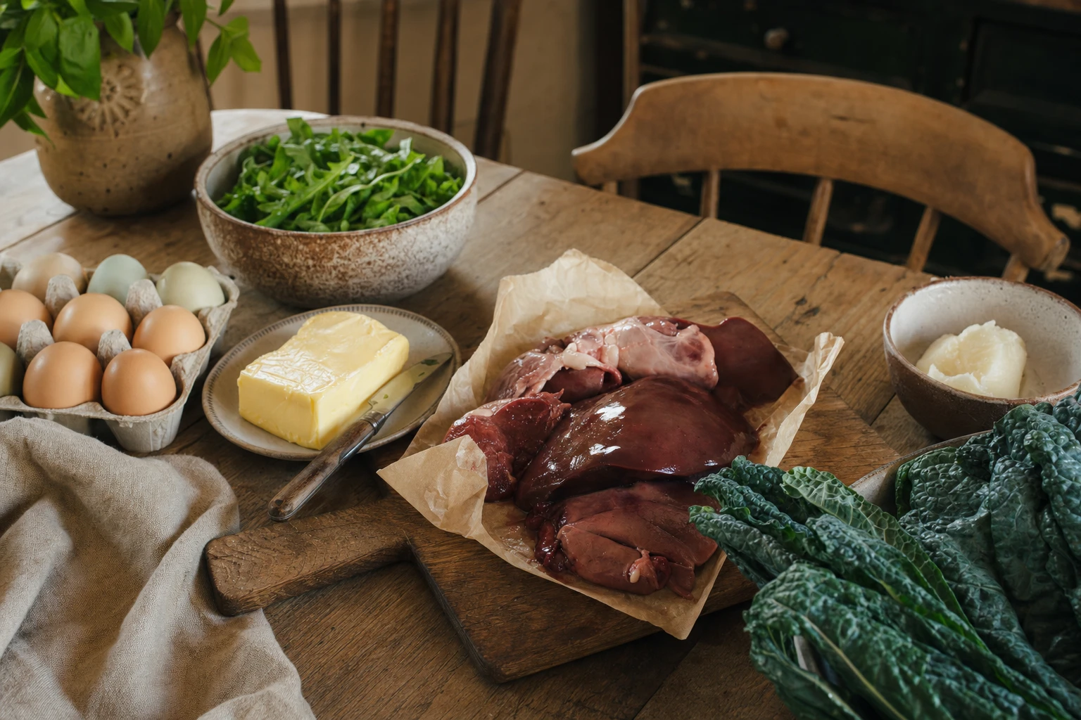 Whole foods on a wooden table including eggs, butter, organs, and leafy greens