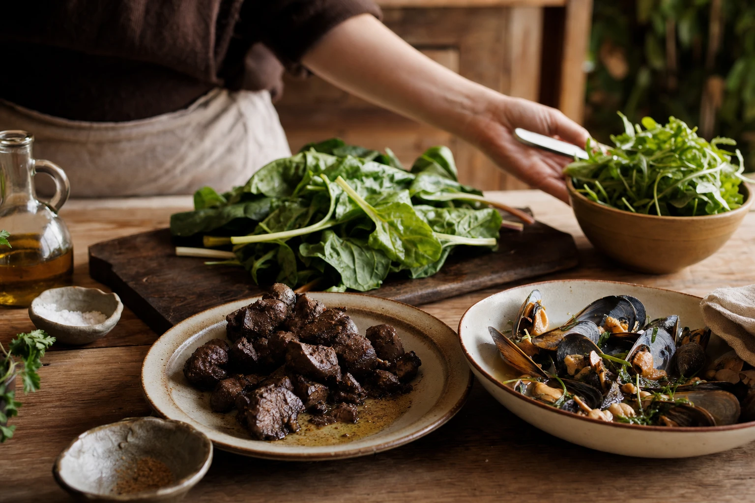 Plate with beef liver, shellfish, and leafy greens