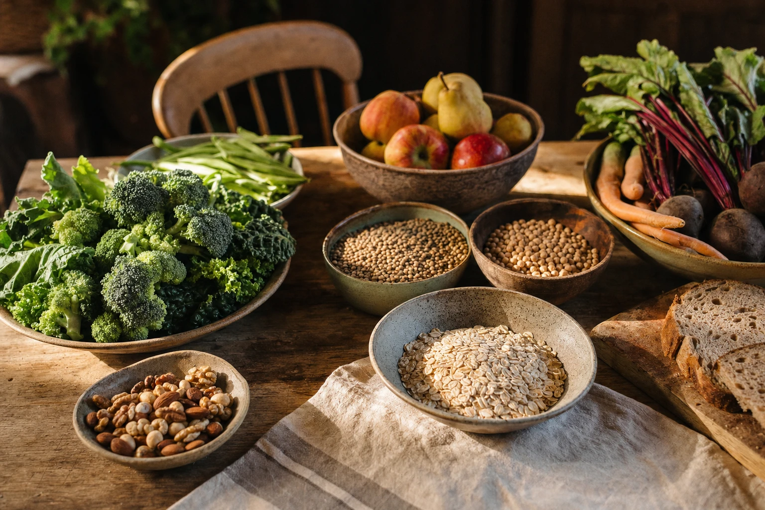 Variety of high-fibre foods, vegetables, grains, legumes, fruit