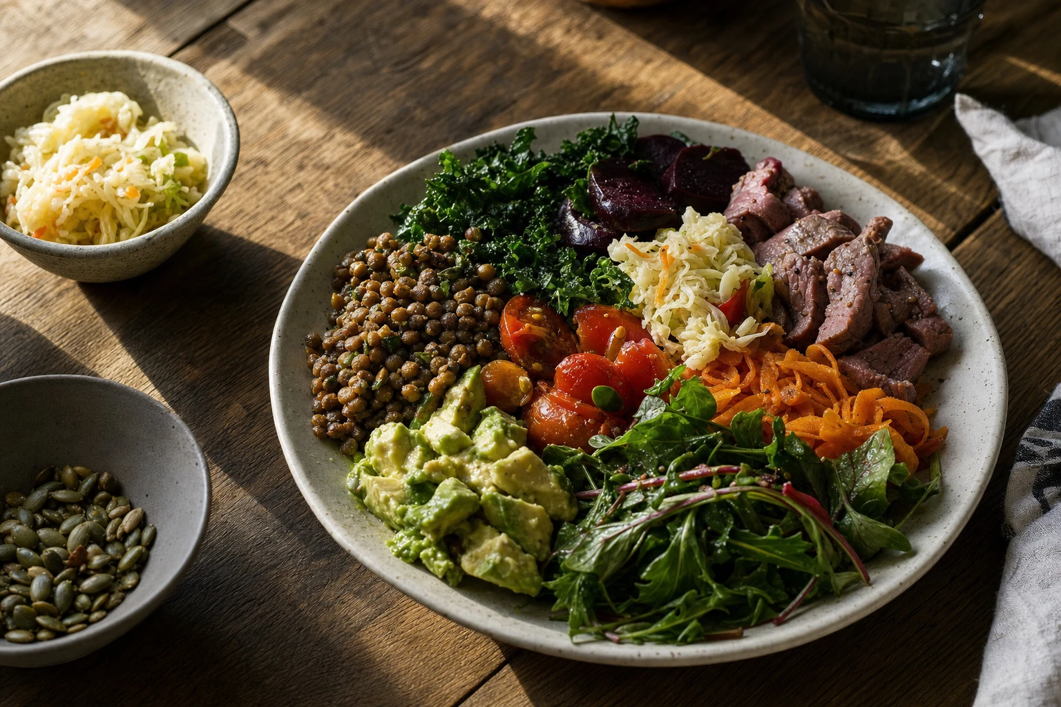 Colourful plate with vegetables, legumes, protein, and fermented food