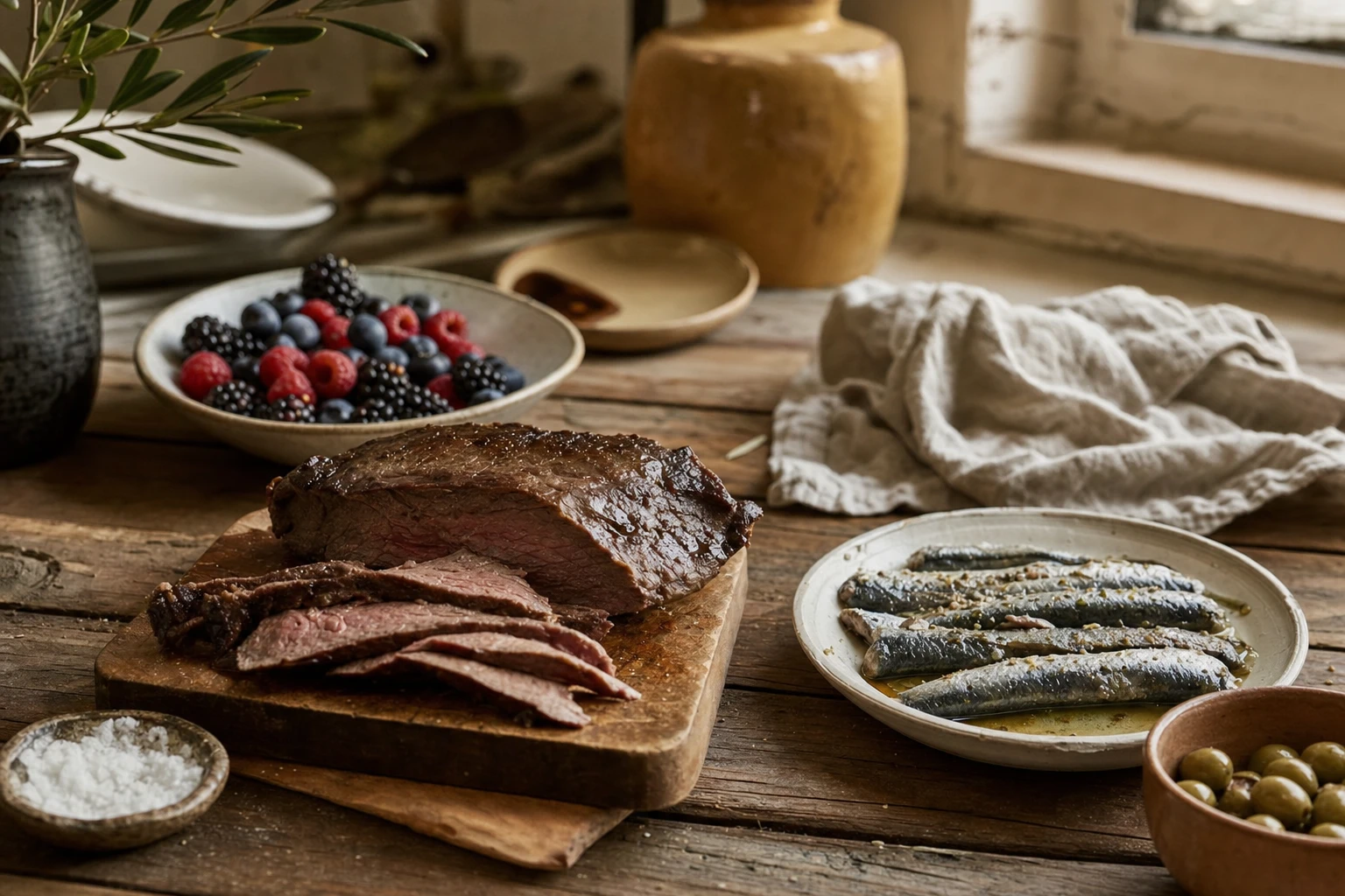 Foods rich in CoQ10 and antioxidants: beef heart, sardines, berries