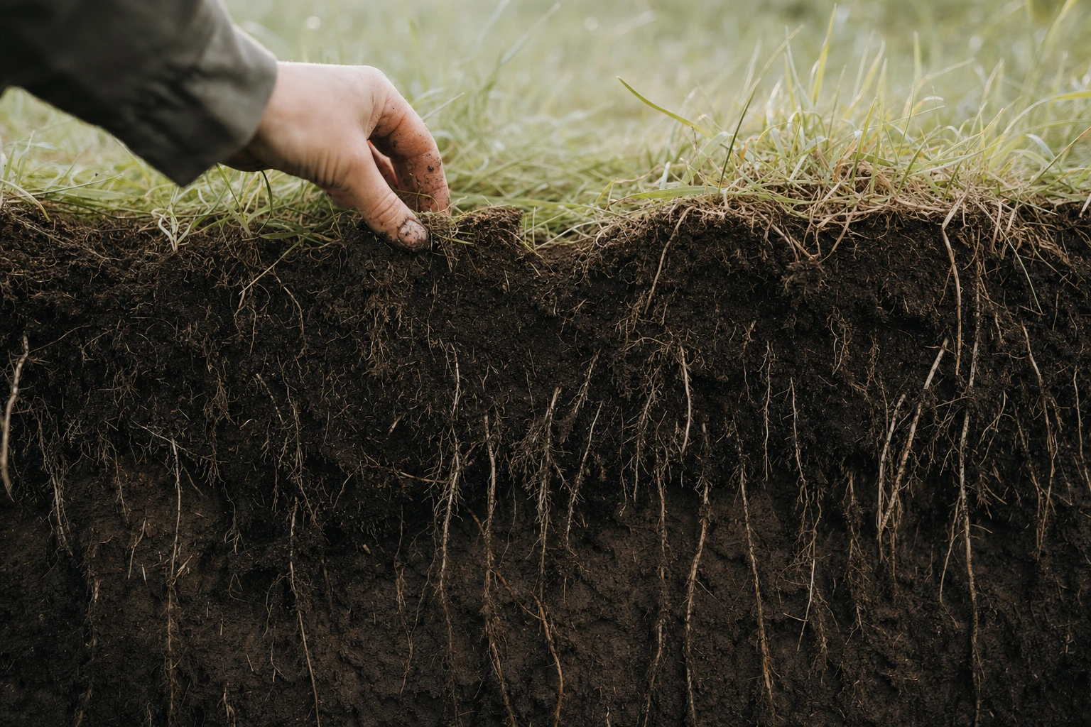 Soil cross-section showing dense root network and dark, rich earth