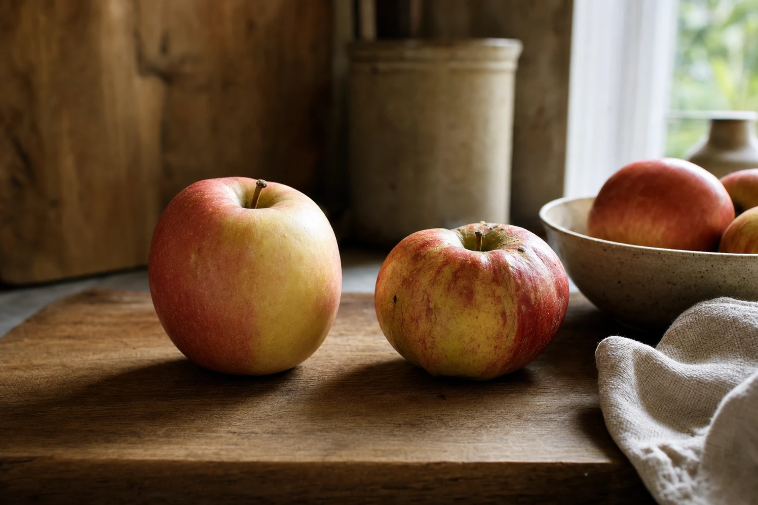 Side-by-side comparison of a modern supermarket apple and a heritage variety apple