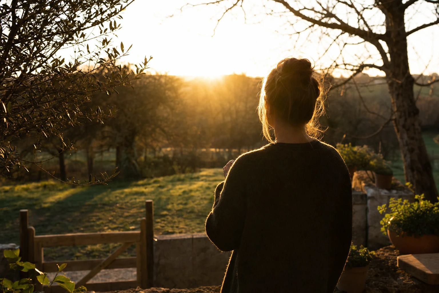 Early morning light, person facing the sun, natural backdrop
