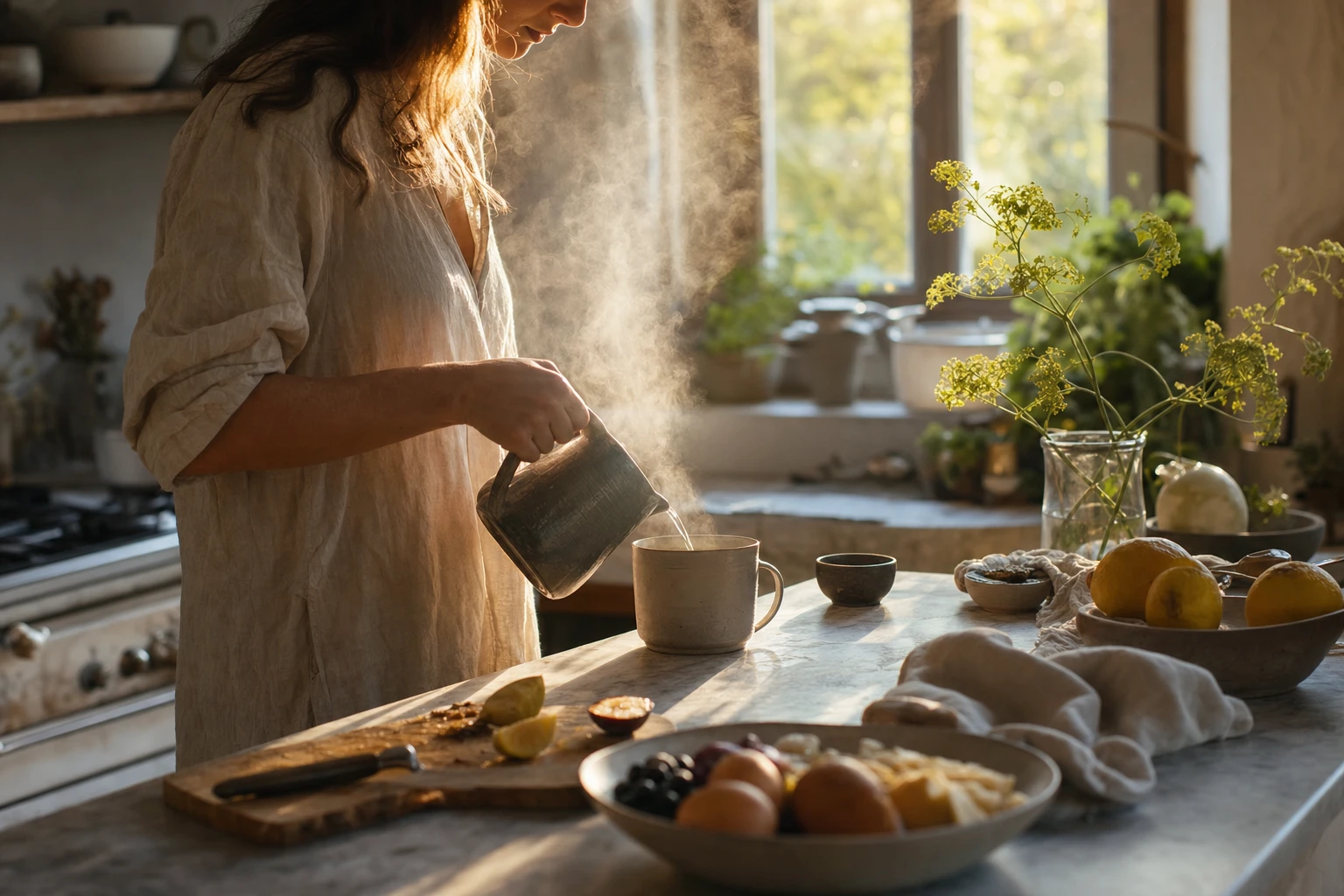 Morning shake in sunlit kitchen, steam rising, calm light