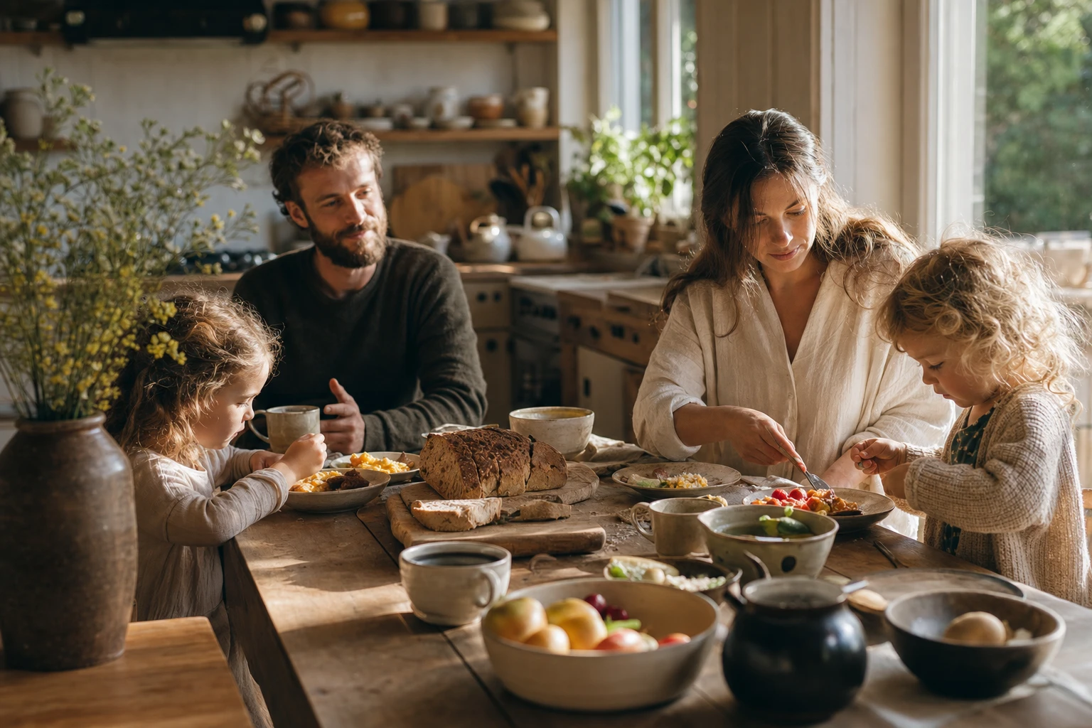 Peaceful morning scene with family breakfast