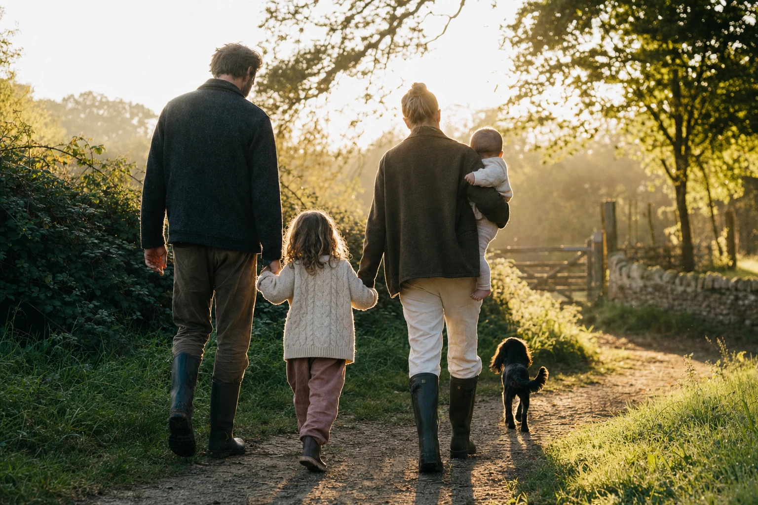 Family walking outside in morning light