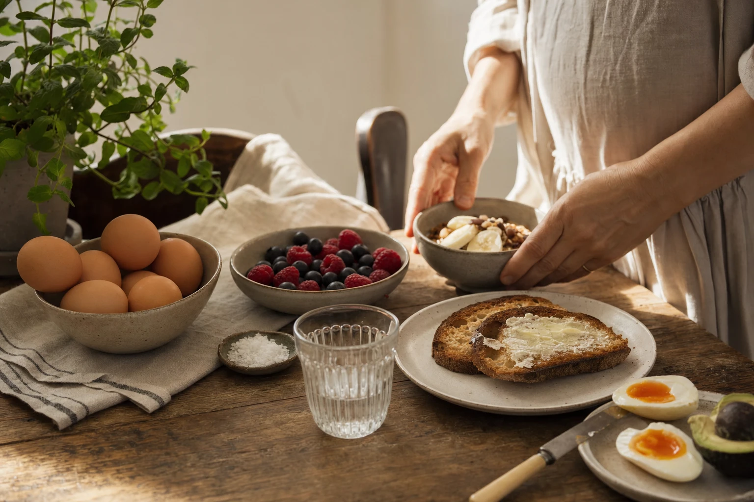 Small meals laid out, eggs, fruit, toast
