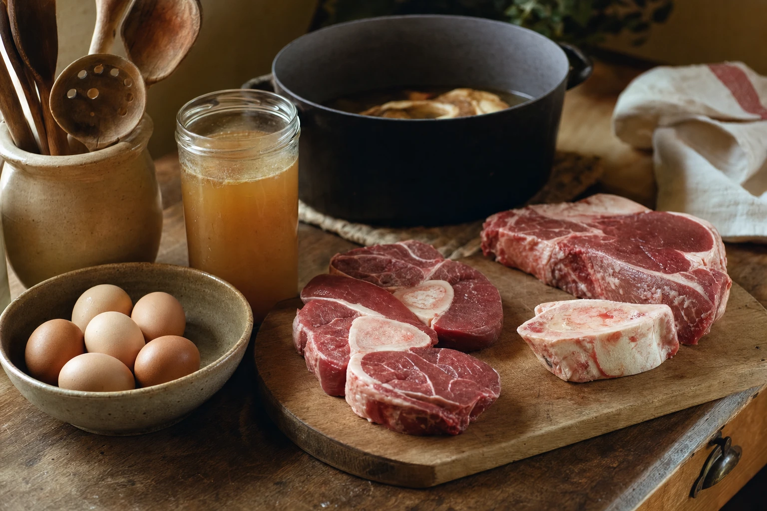 Fresh eggs, bone broth, collagen-rich cuts of meat on a wooden board