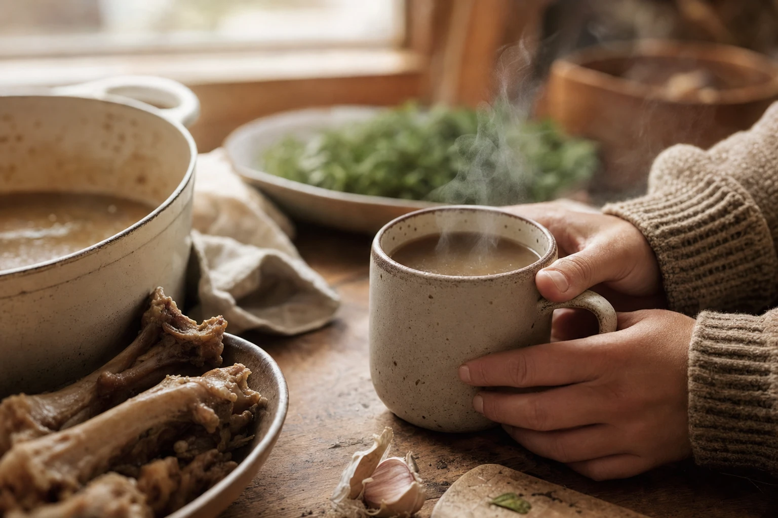 Collagen-rich bone broth in a mug, steam rising