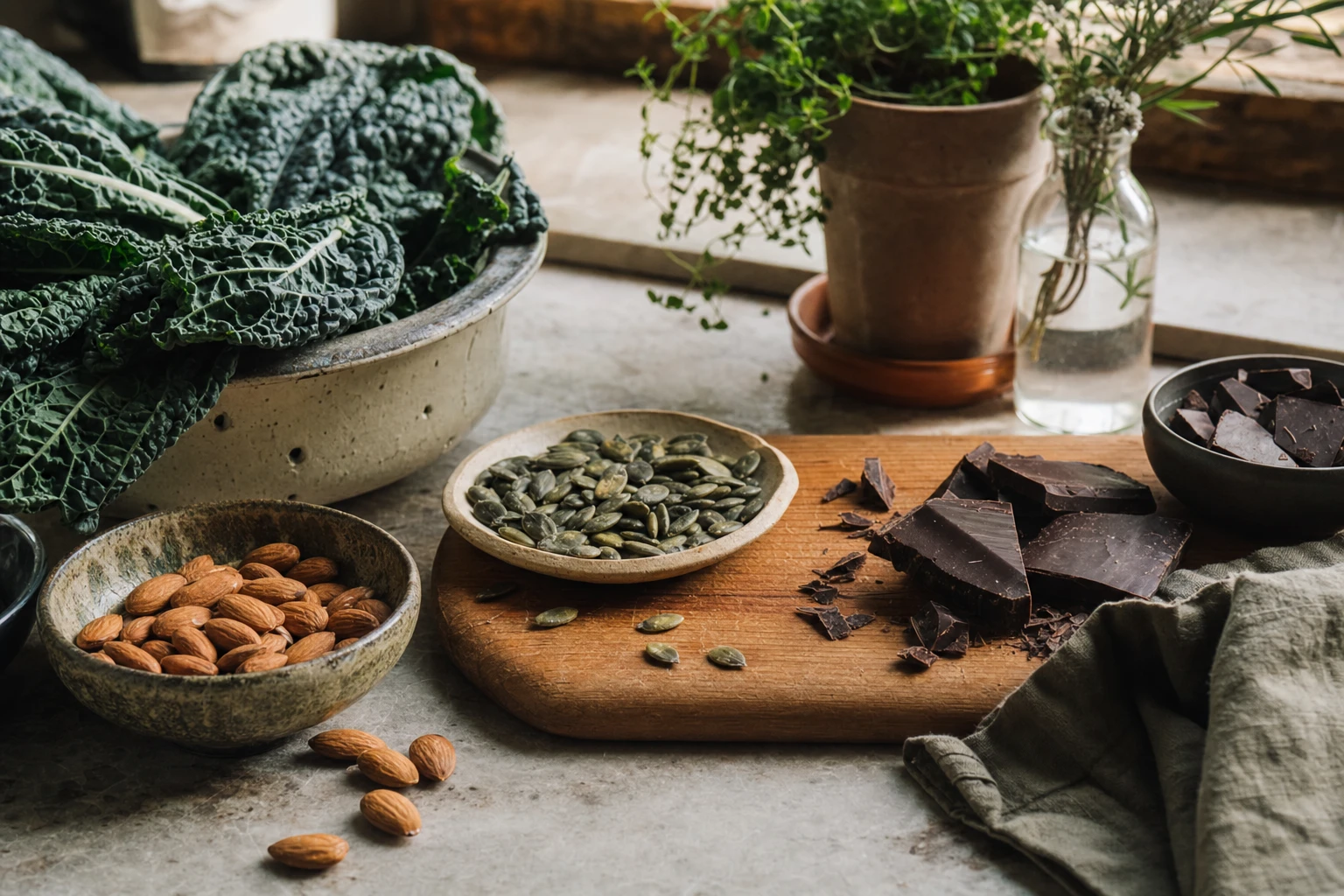 Magnesium-rich foods: leafy greens, pumpkin seeds, dark chocolate, almonds