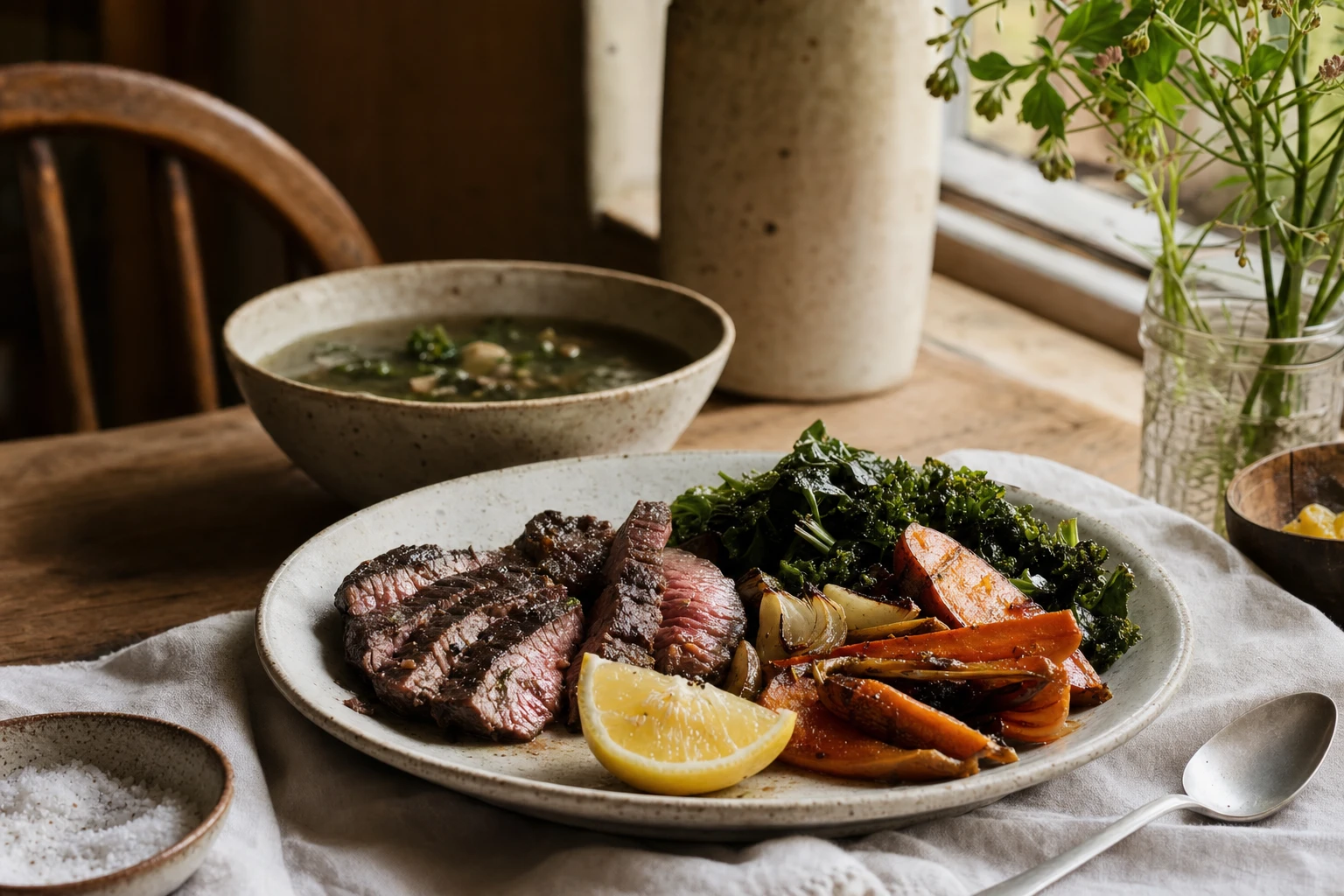 Example recovery plate with steak, broth, vegetables, lemon