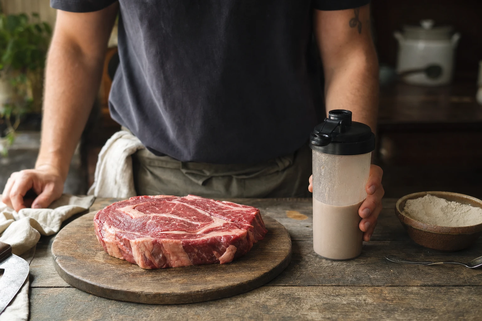 Raw steak next to protein powder in a glass