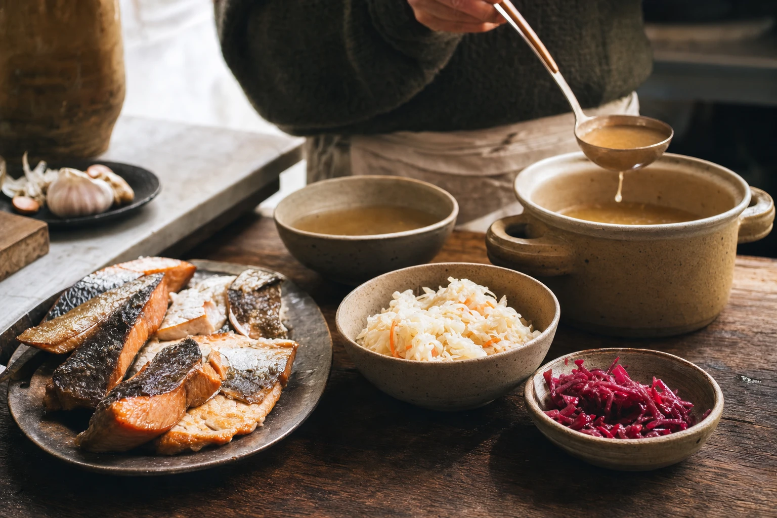 Healthy foods including fatty fish, bone broth, and fermented vegetables