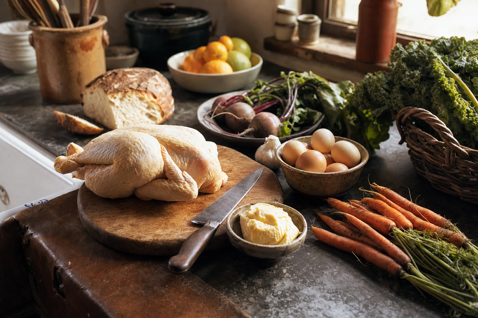 Kitchen counter with whole foods, eggs, butter, vegetables, natural morning light
