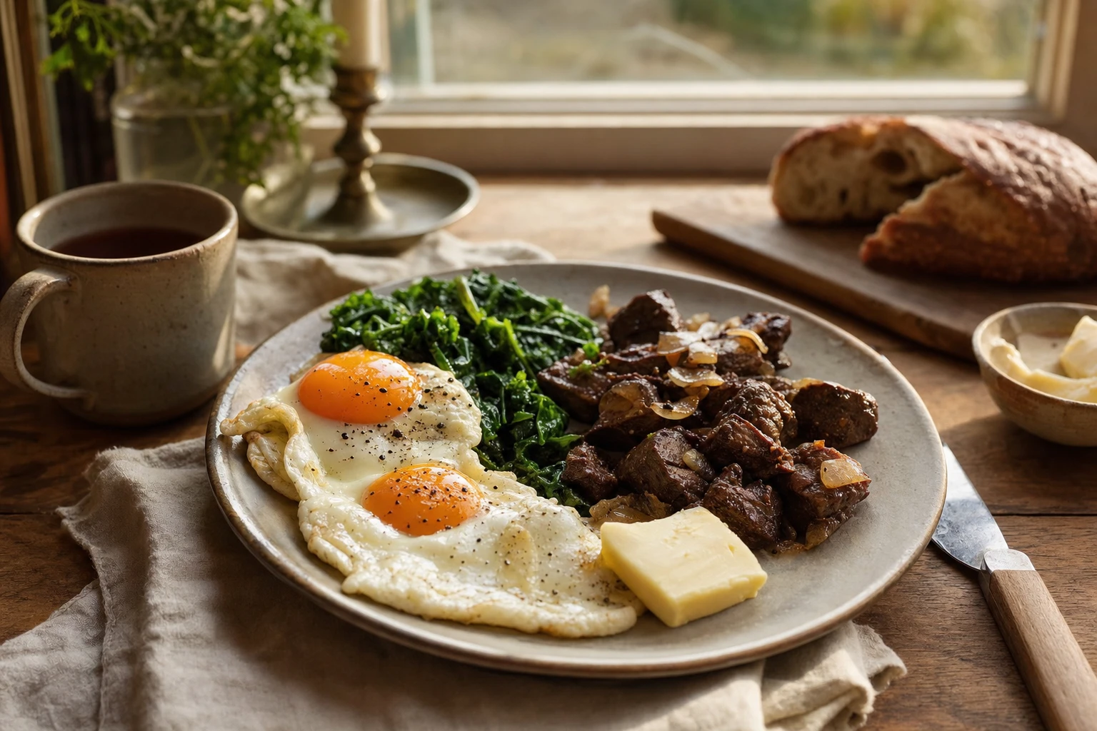Breakfast plate with eggs, organs, butter, seasonal vegetables
