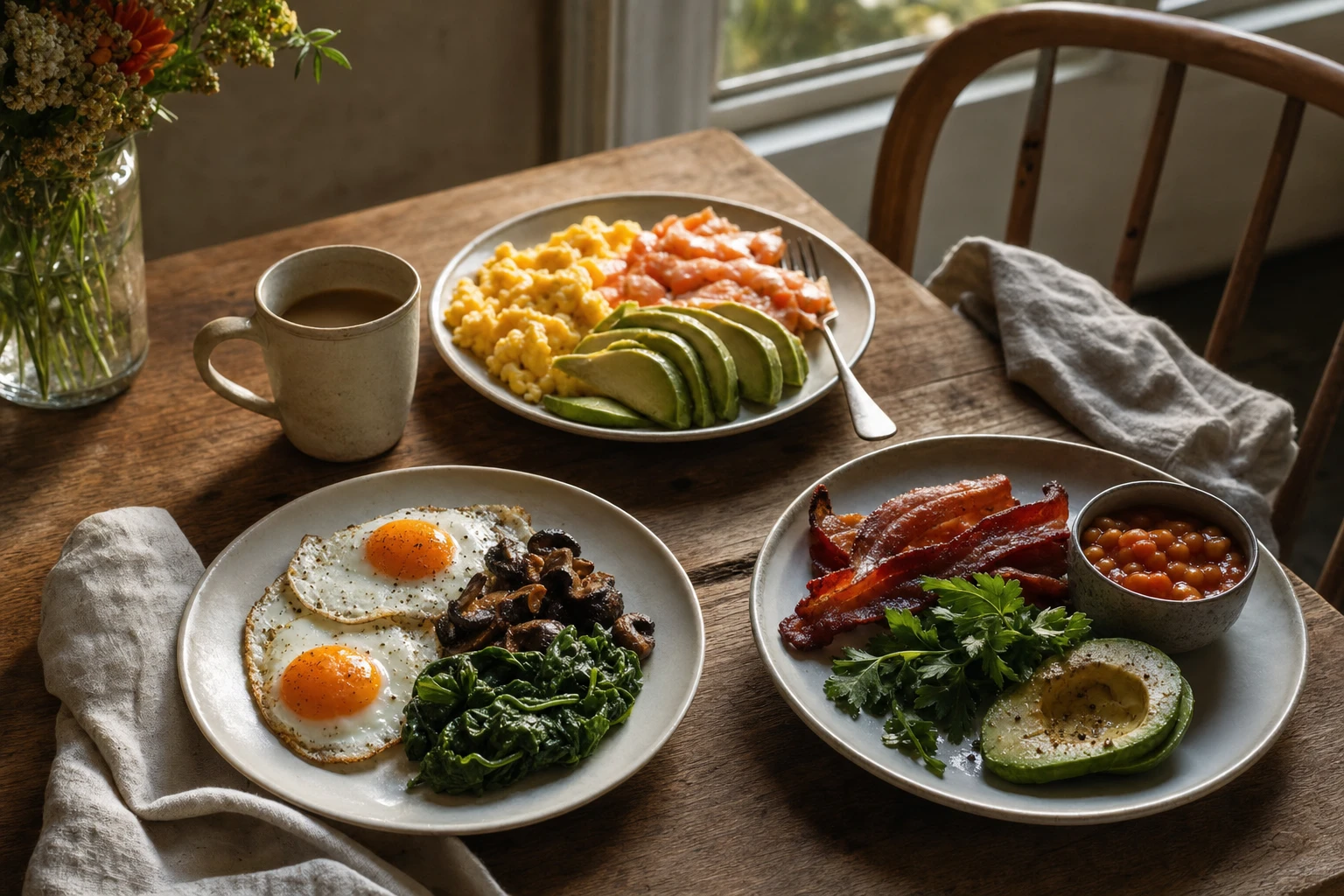 Three different breakfast plates, simple and abundant