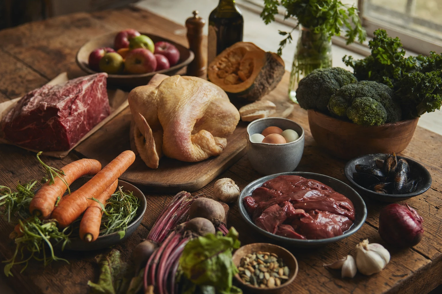 Various whole foods on a wooden table, rustic and abundant