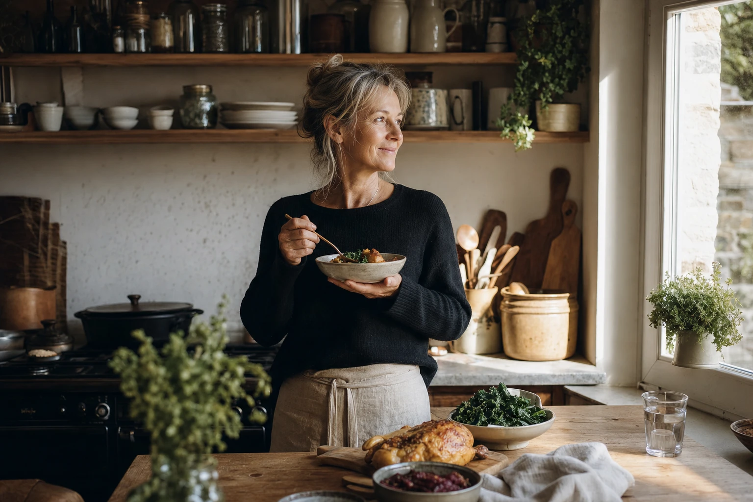A woman in a kitchen looking peaceful, holding a bowl of nutritious food