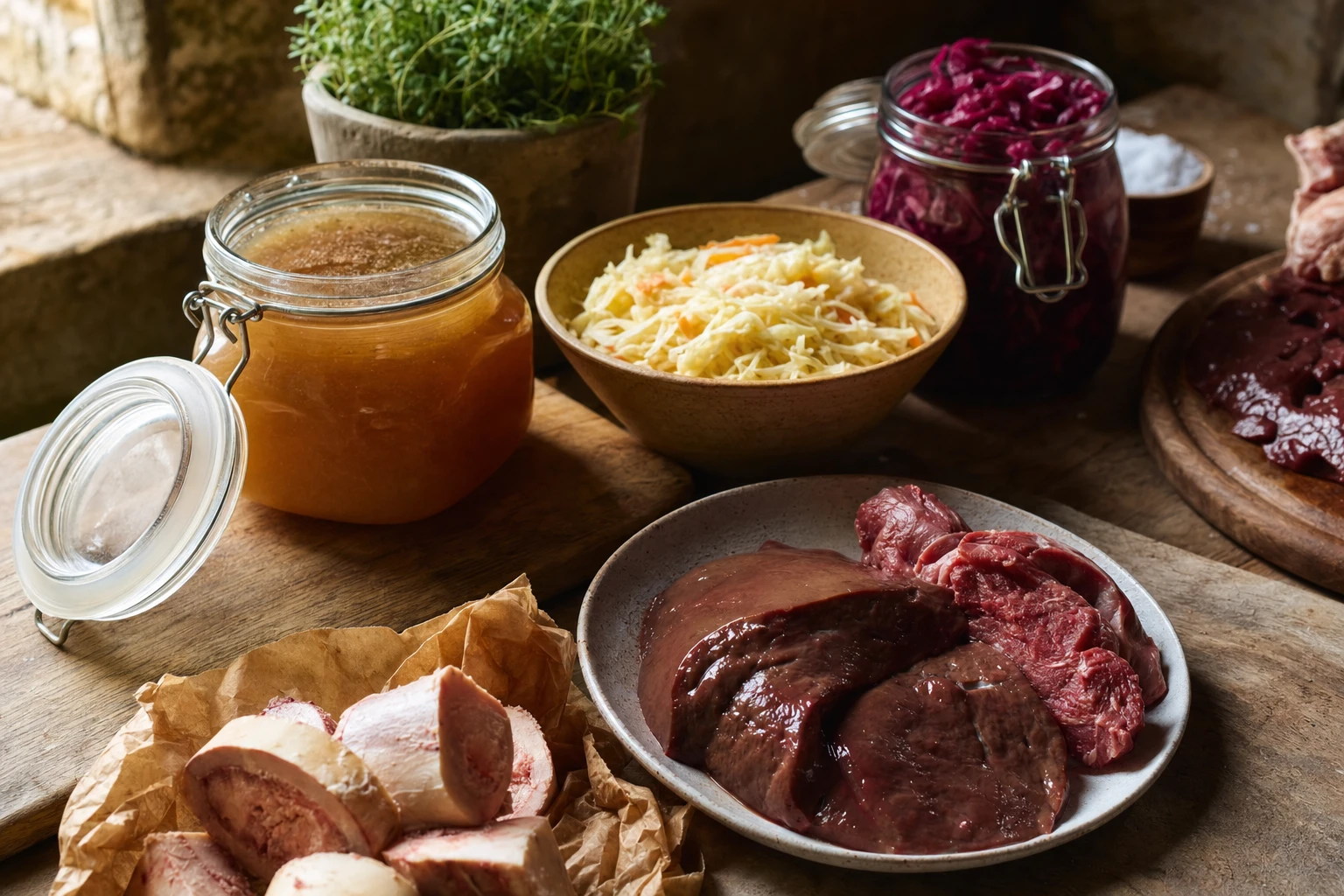 Fresh organ meats, bone broth, fermented vegetables displayed together