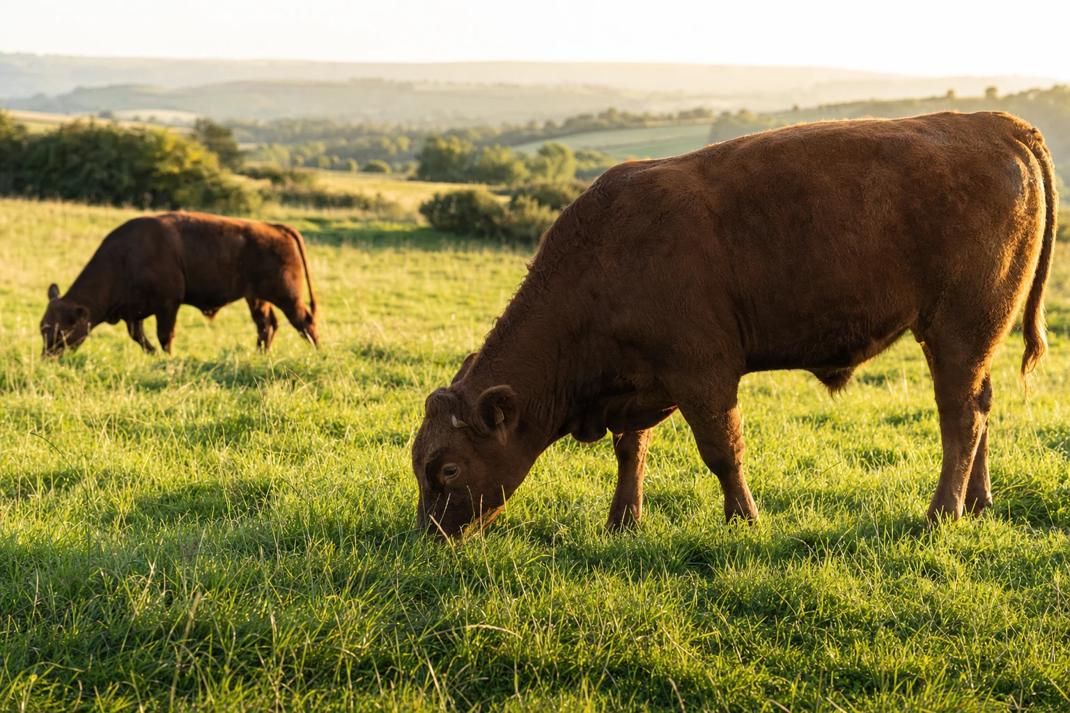 Cattle grazing on open pasture in daylight