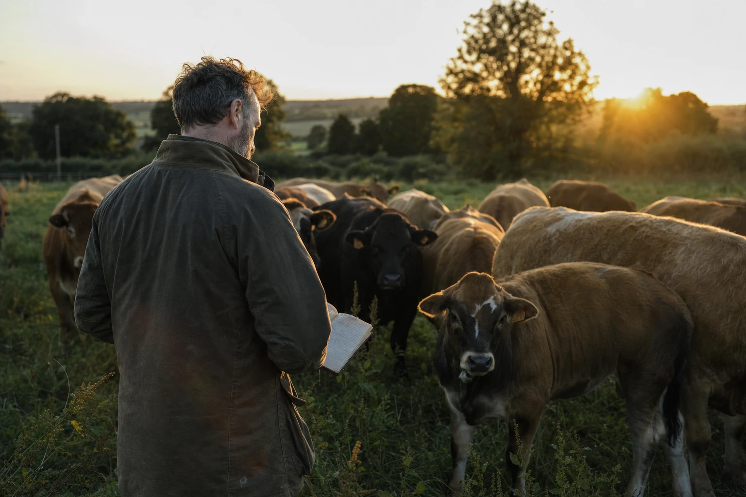 A cattle farmer checking herd health in traditional grazing