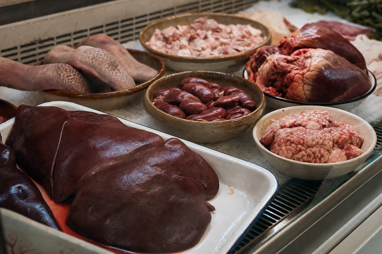 Butcher's counter with various organ meats displayed