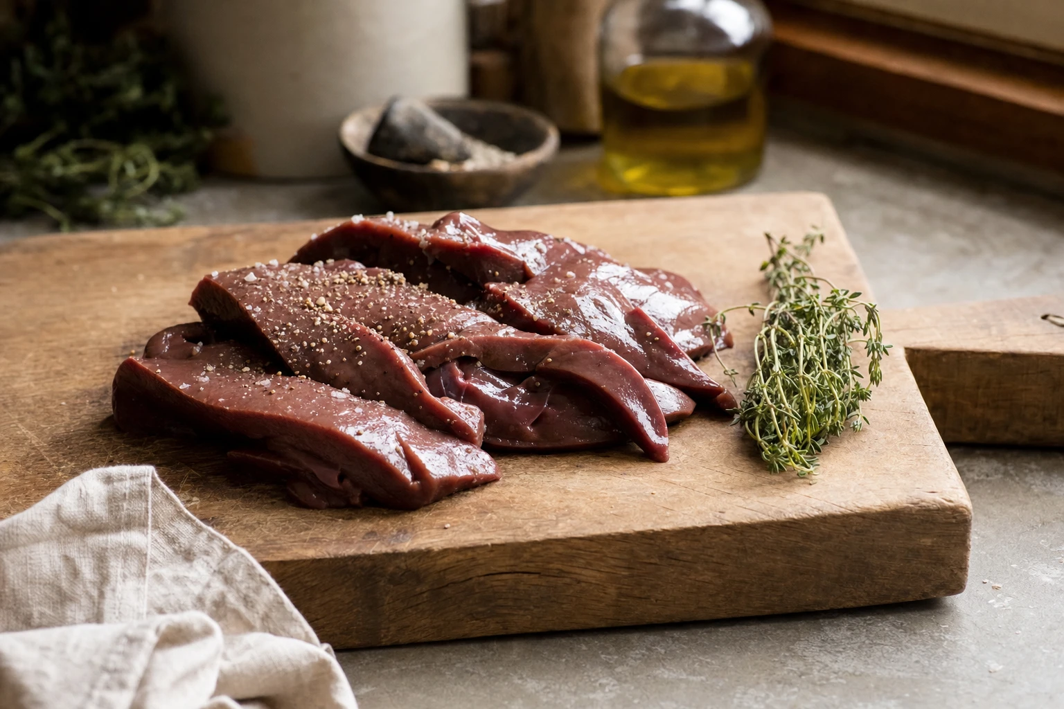 Sliced beef liver on a wooden board with herbs