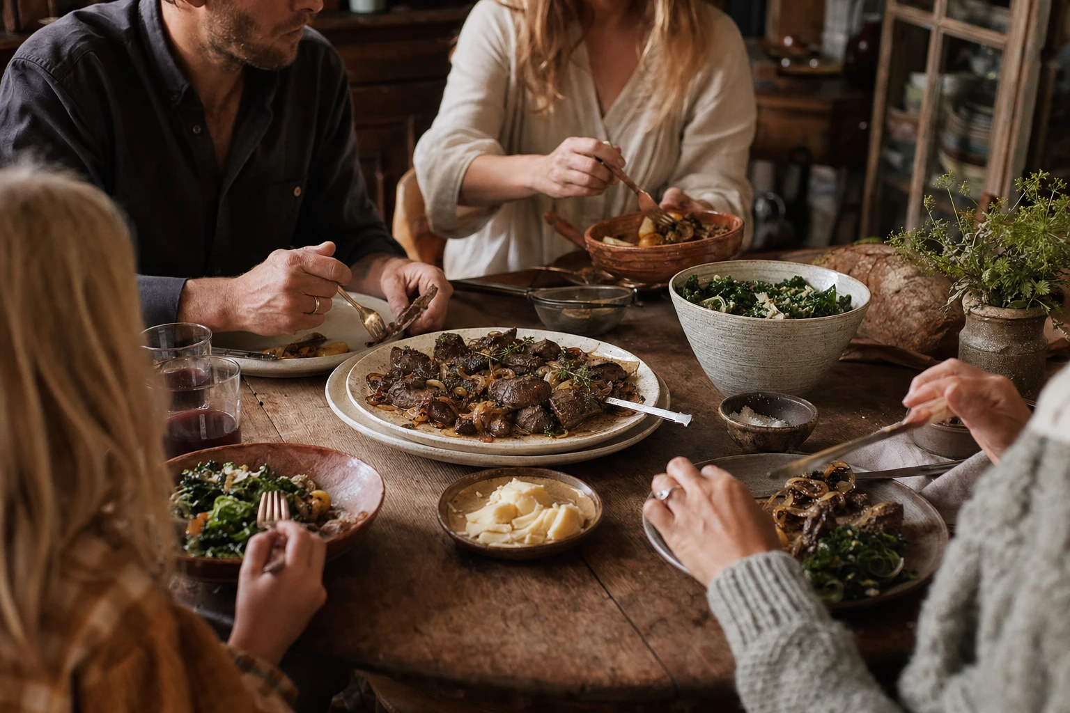 A family meal featuring organ meats and traditional preparations