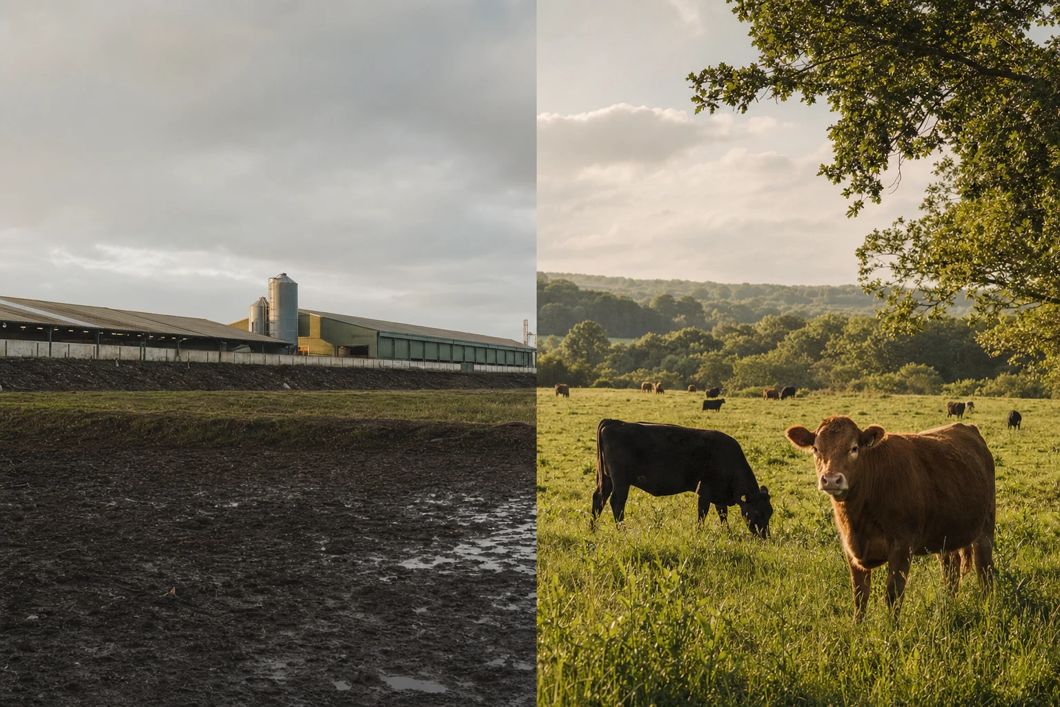Comparison of industrial farm landscape vs regenerative farm with grazing animals