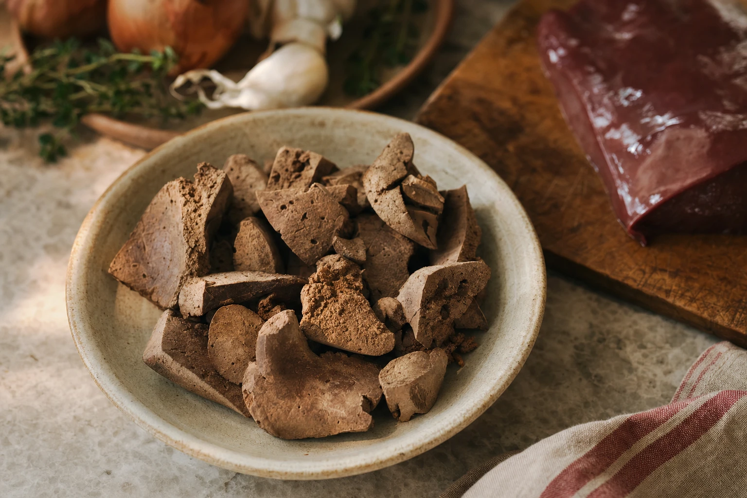 Freeze-dried liver with visible cellular structure, earthy and recognisable as food
