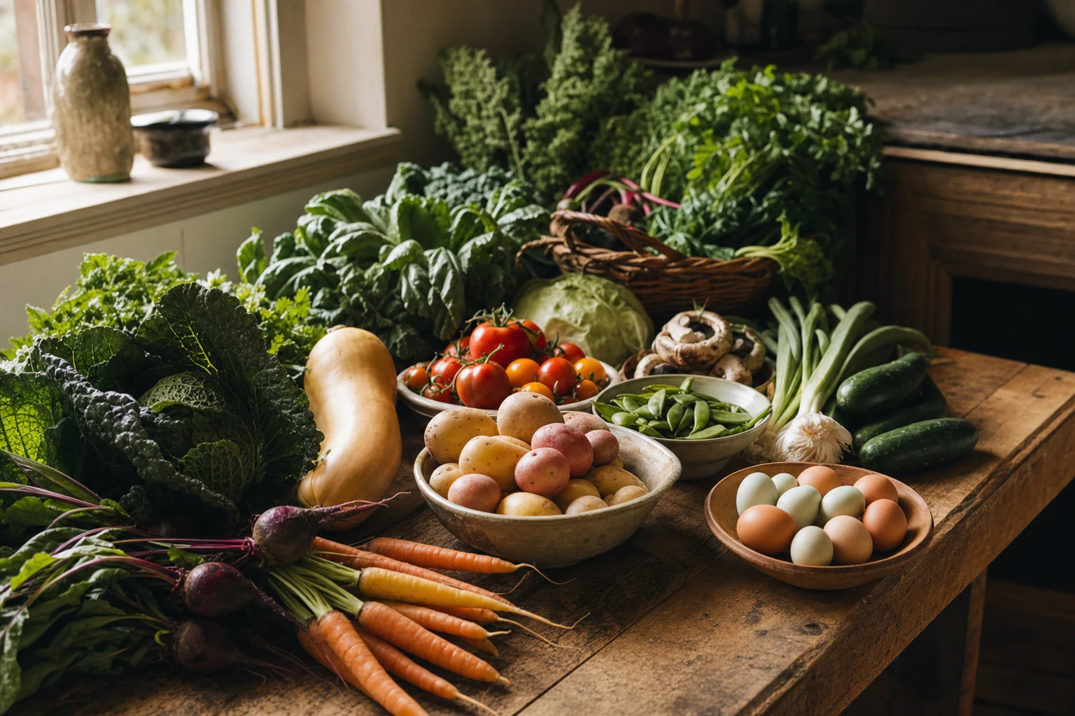 Fresh vegetables and whole foods laid out on a wooden table