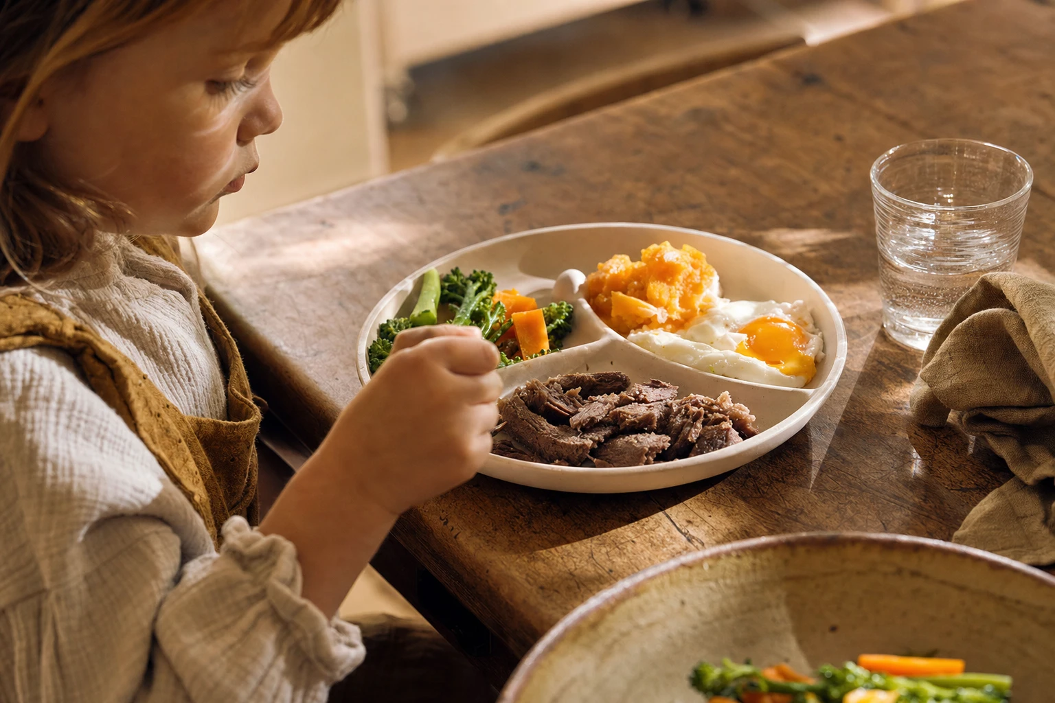 Child's plate with meat, vegetables, eggs