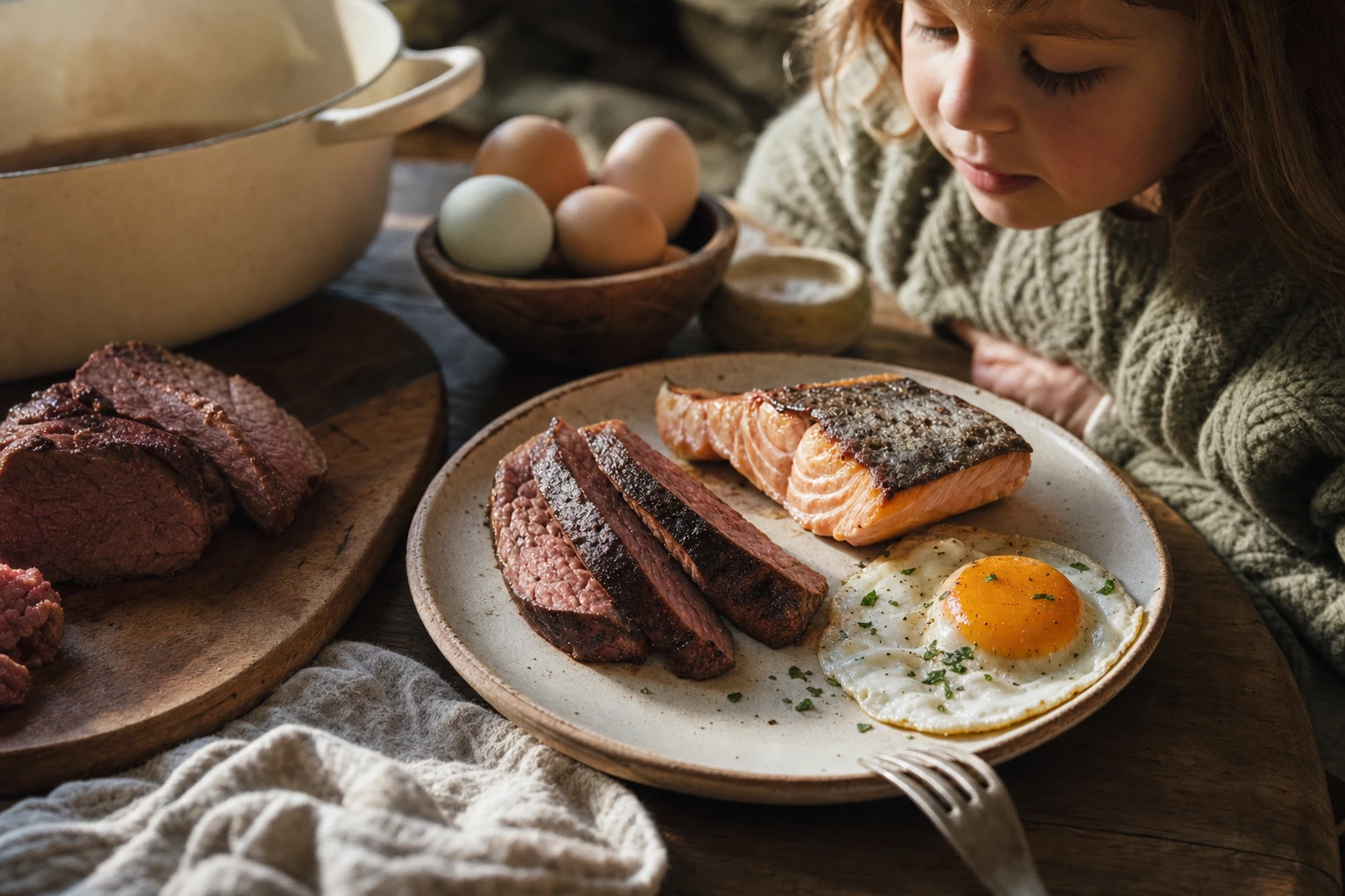 Plate with egg, red meat, fish