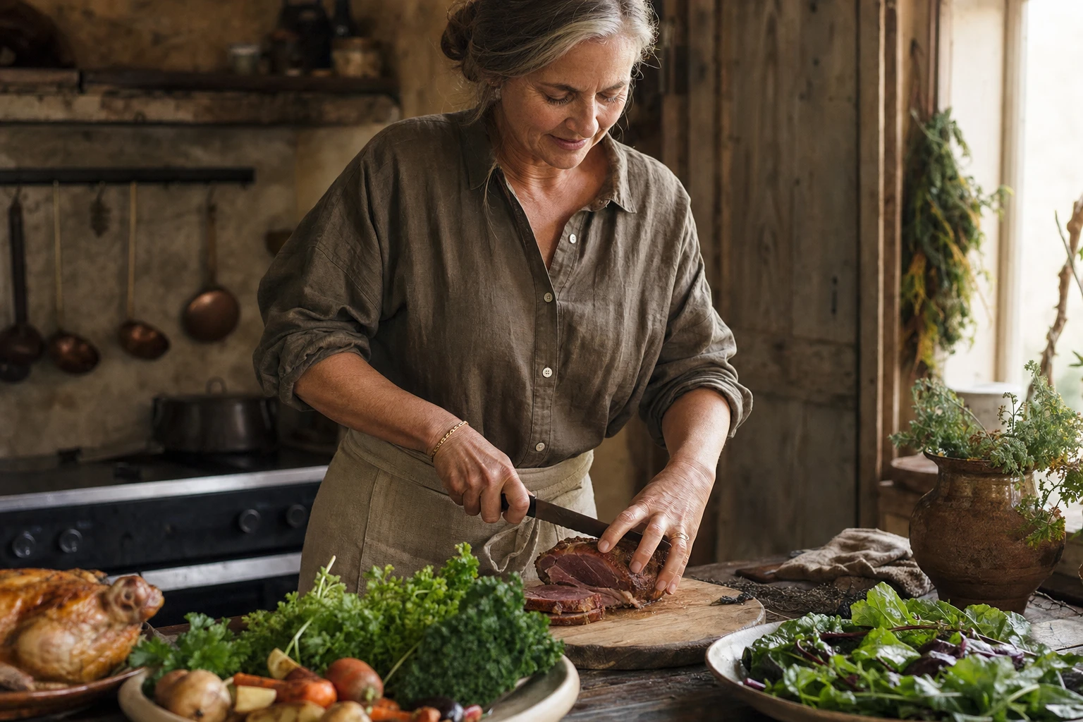 A person over 50 preparing a nutrient-dense meal with vegetables, meat and herbs