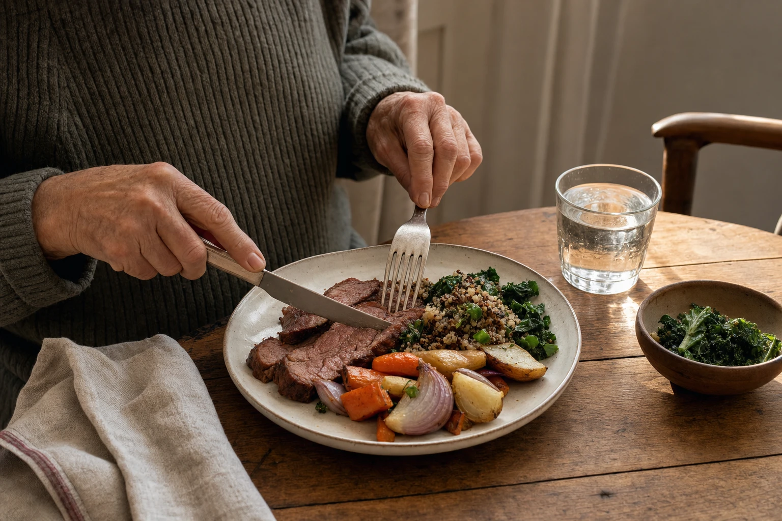 Plate showing protein-rich meal for elderly person